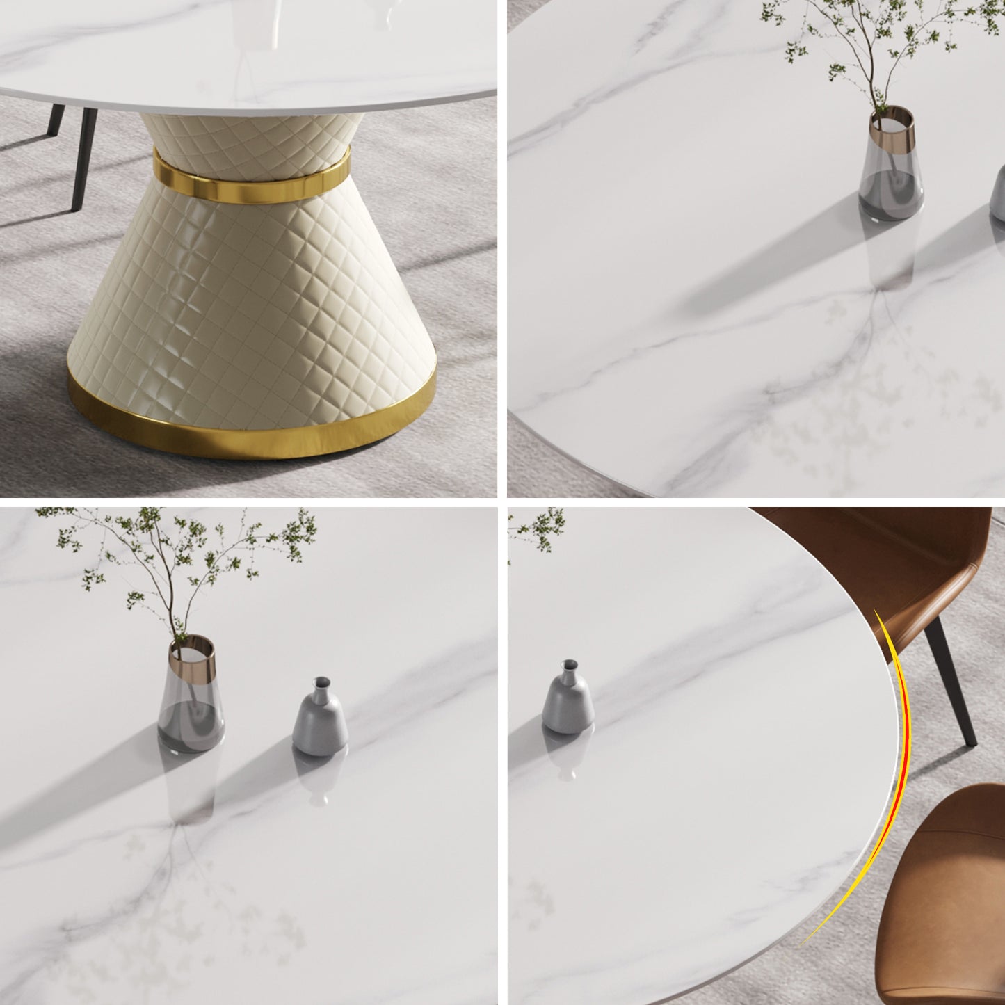 White marble top dining table with quilted cream pedestal base and gold accents