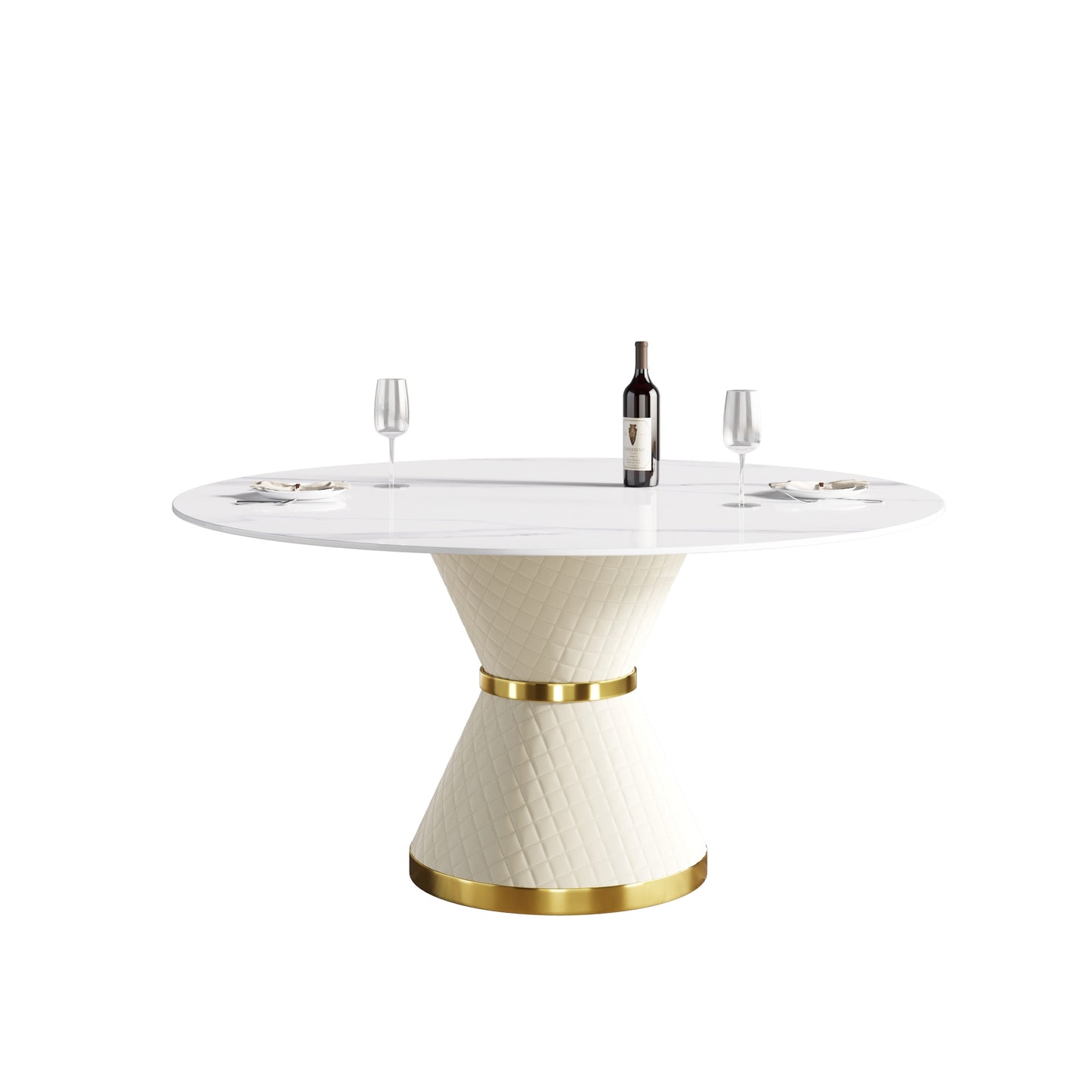Round white marble top dining table with quilted cream base and gold accents