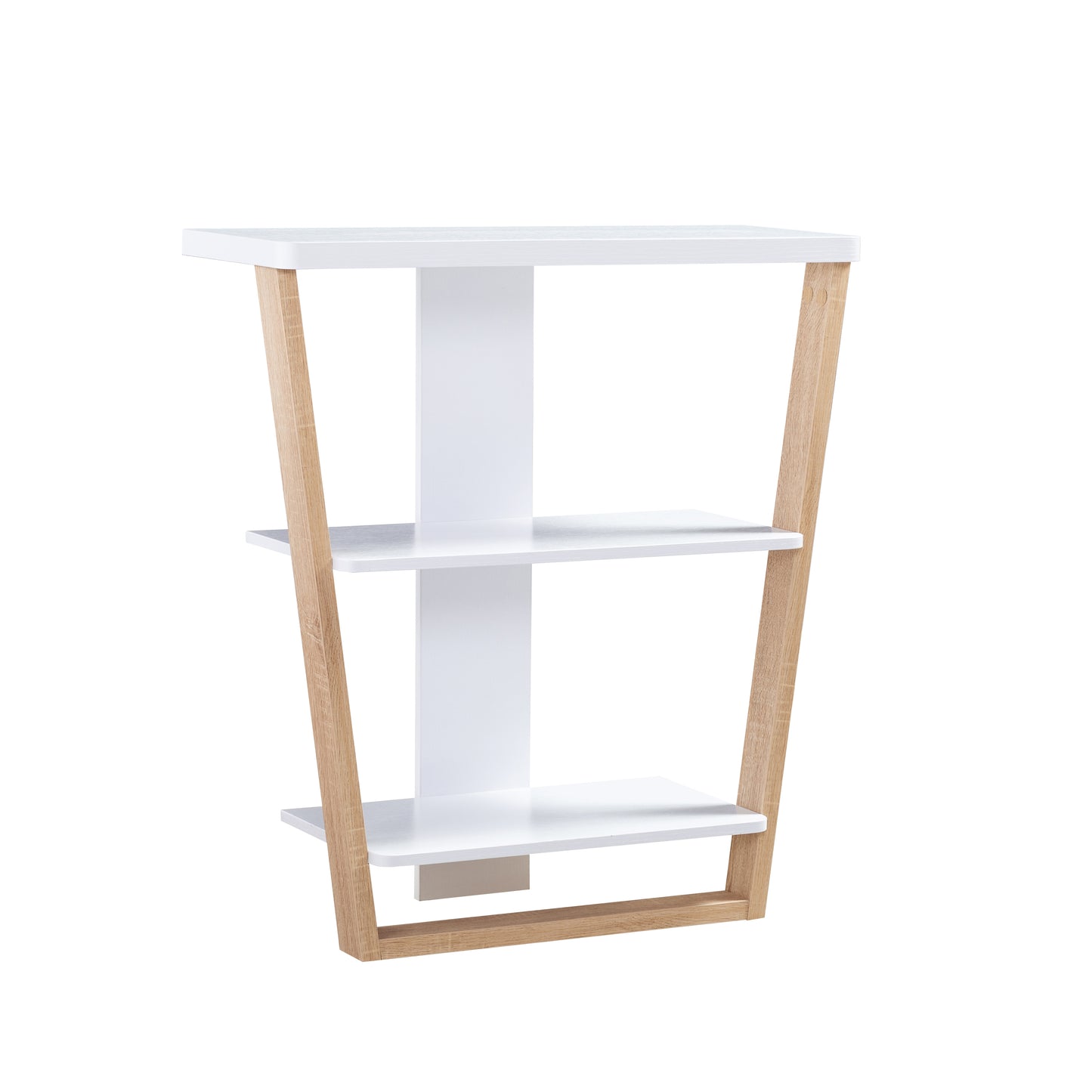 Modern white threetier shelf with natural wood accents for living room storage