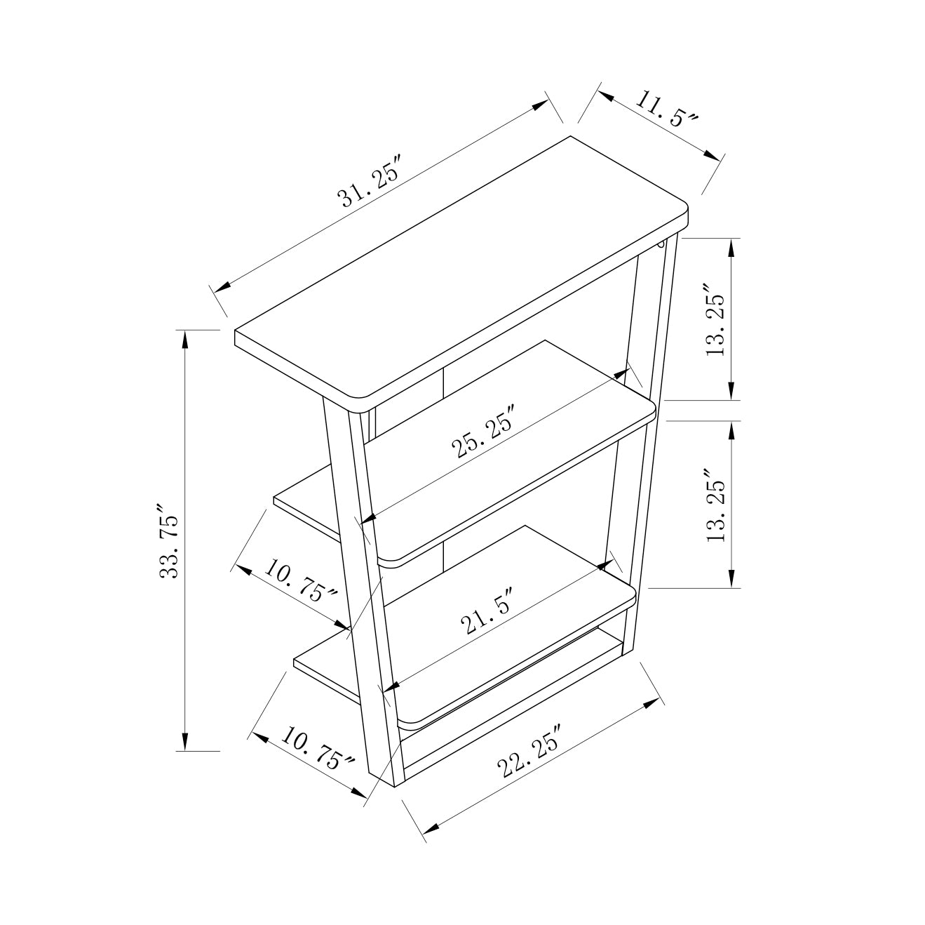 Technical drawing of a threetier shelving unit with dimensions