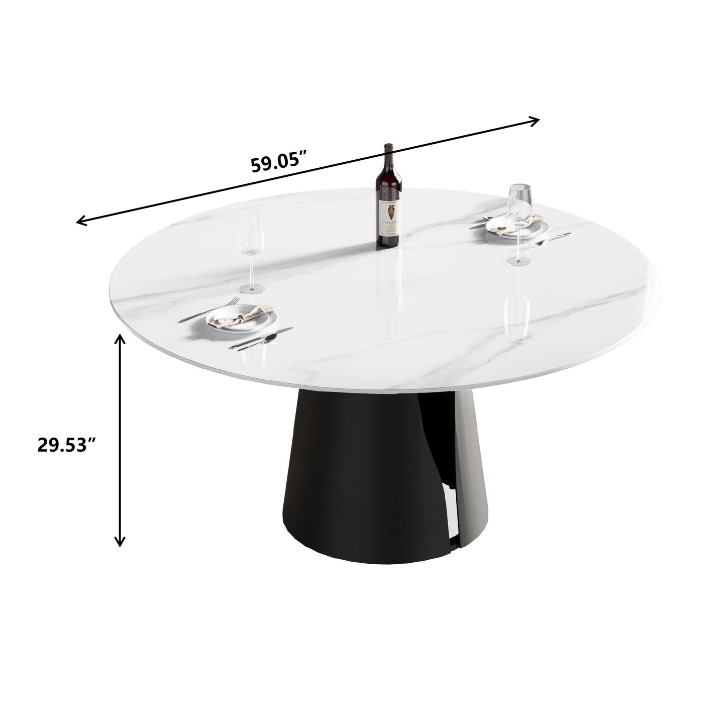Round marble dining table with black pedestal base