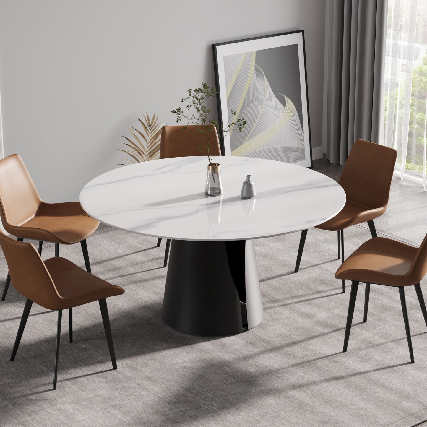 White marble top dining table with black pedestal base