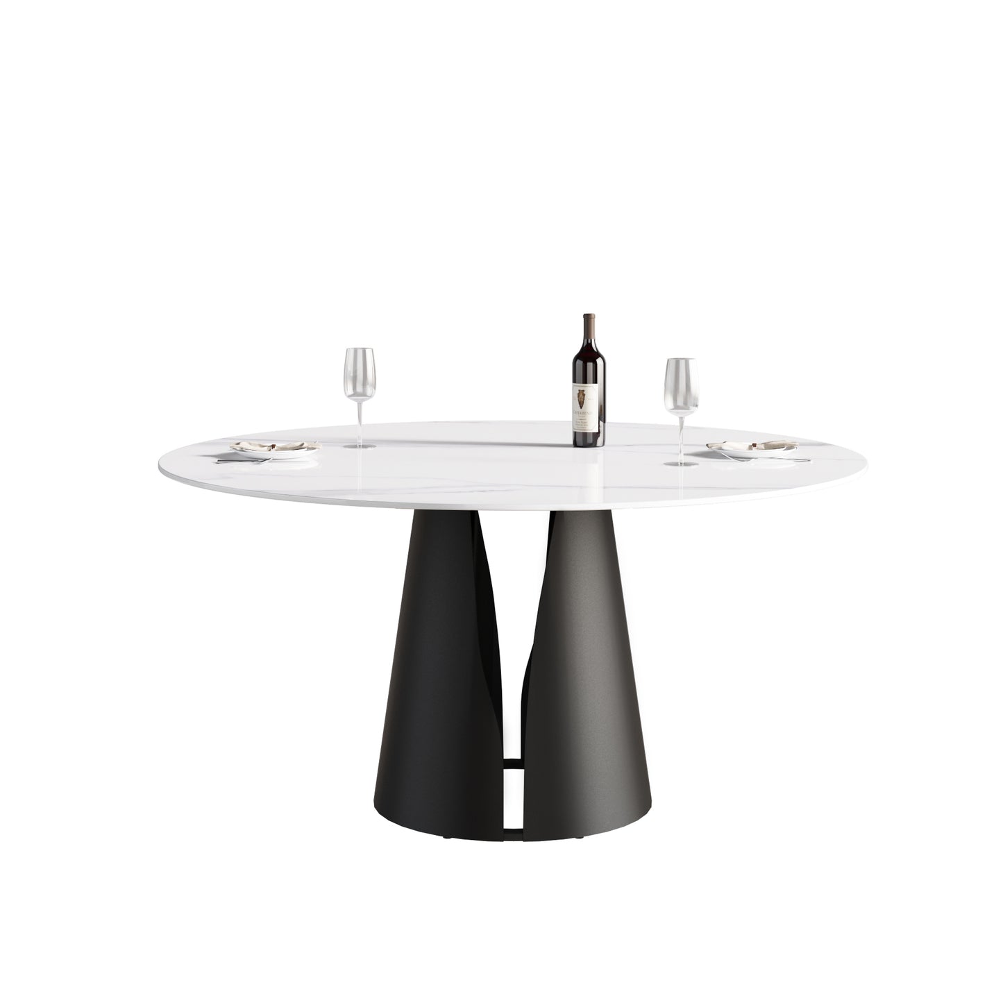 Modern round white marble dining table with striking black conical legs