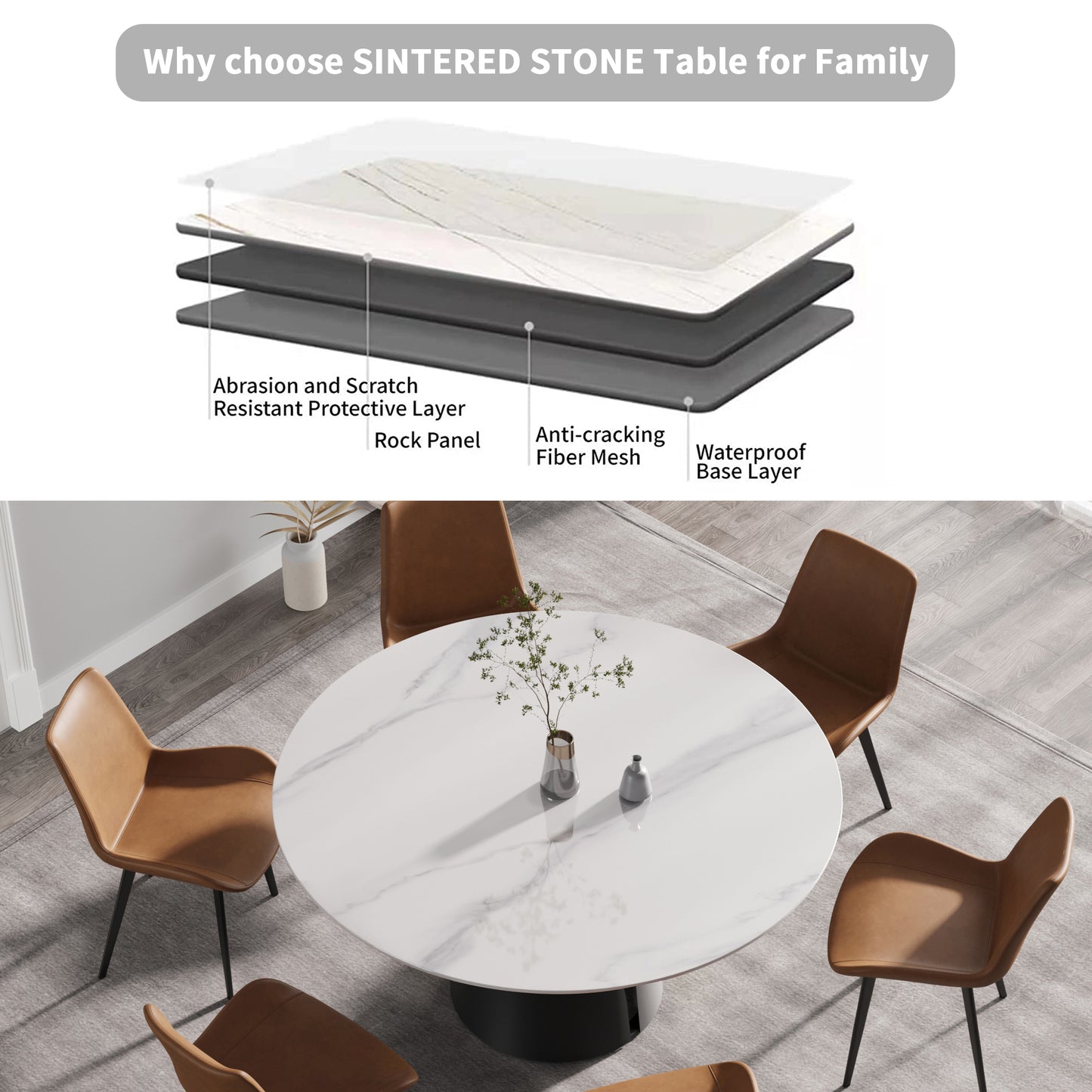 Round sintered stone dining table with white marble pattern and brown chairs