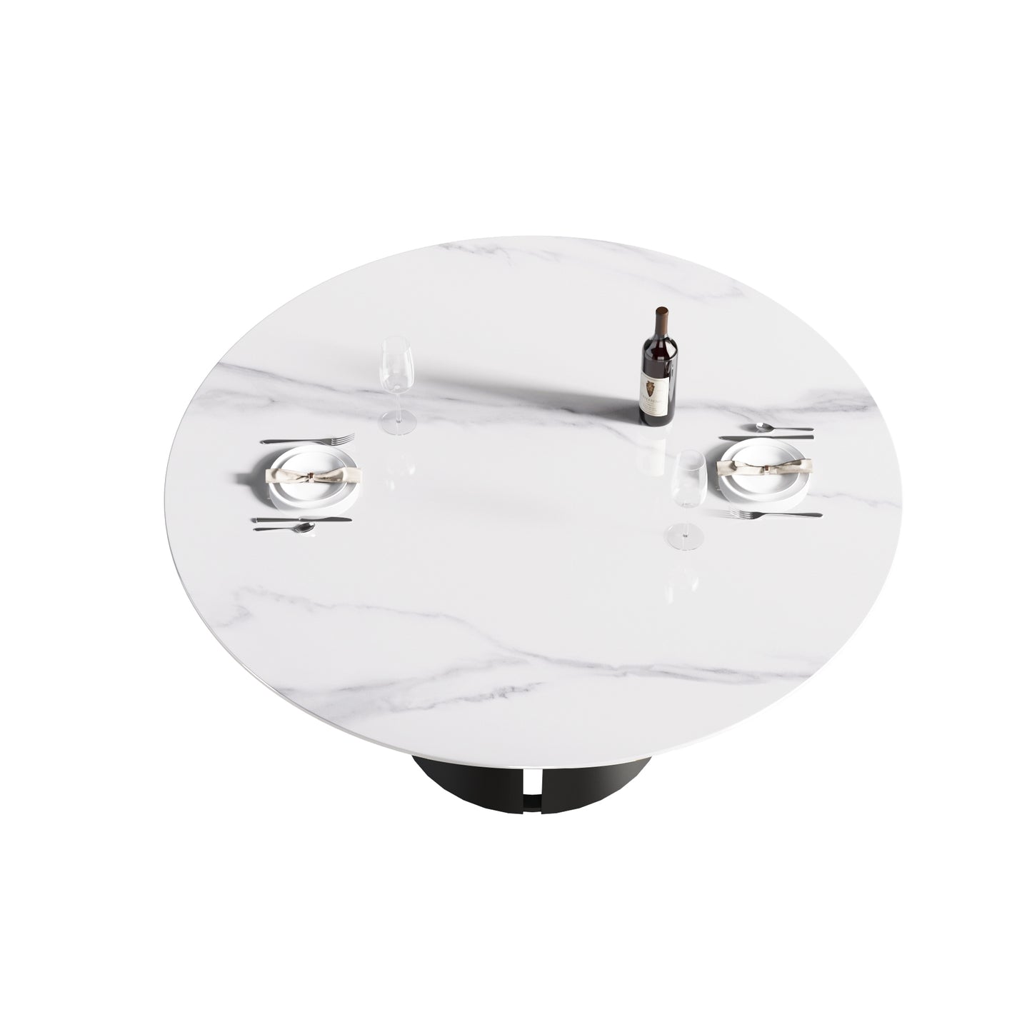 Round marble dining table with black base and place settings for two