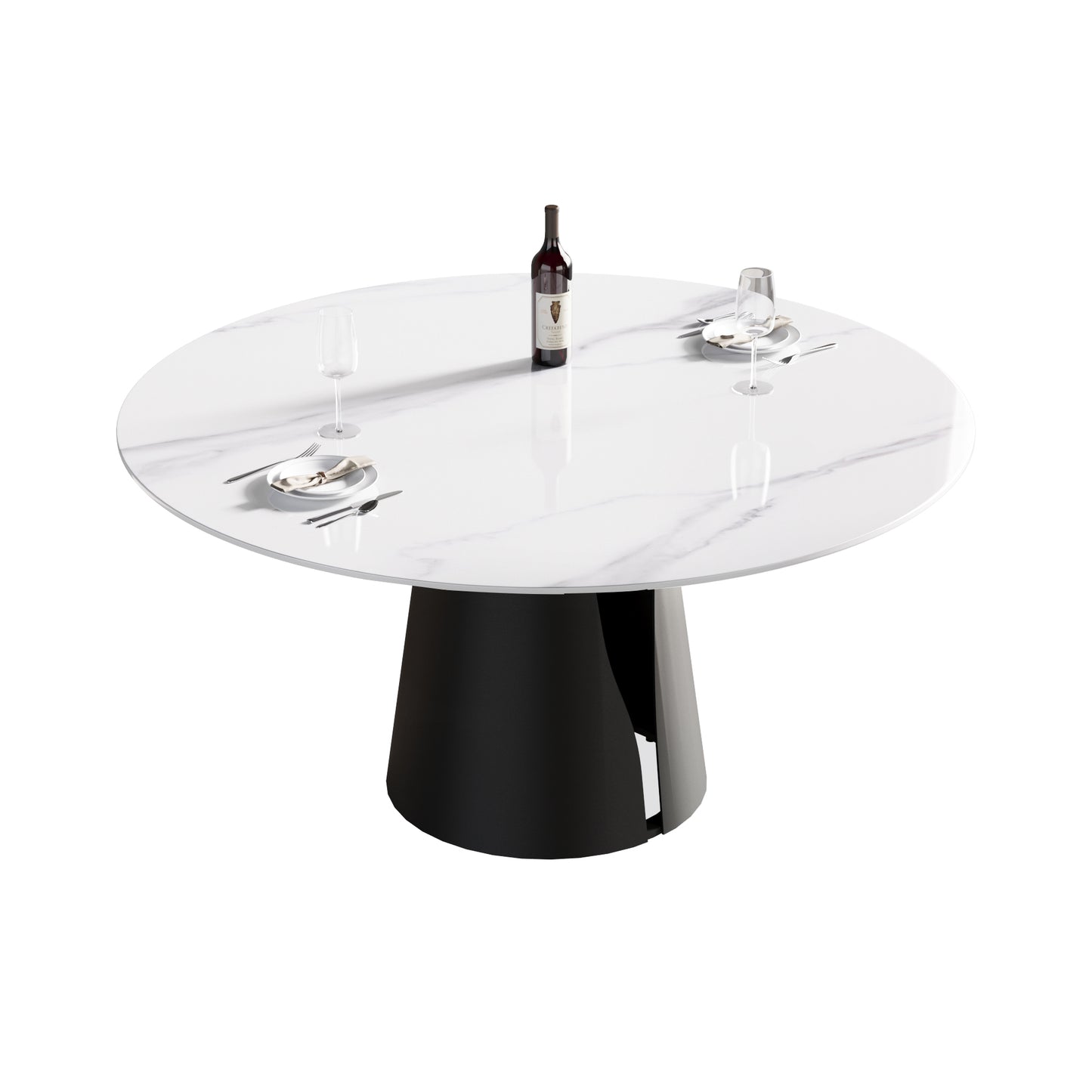 Modern round marble dining table with black pedestal base