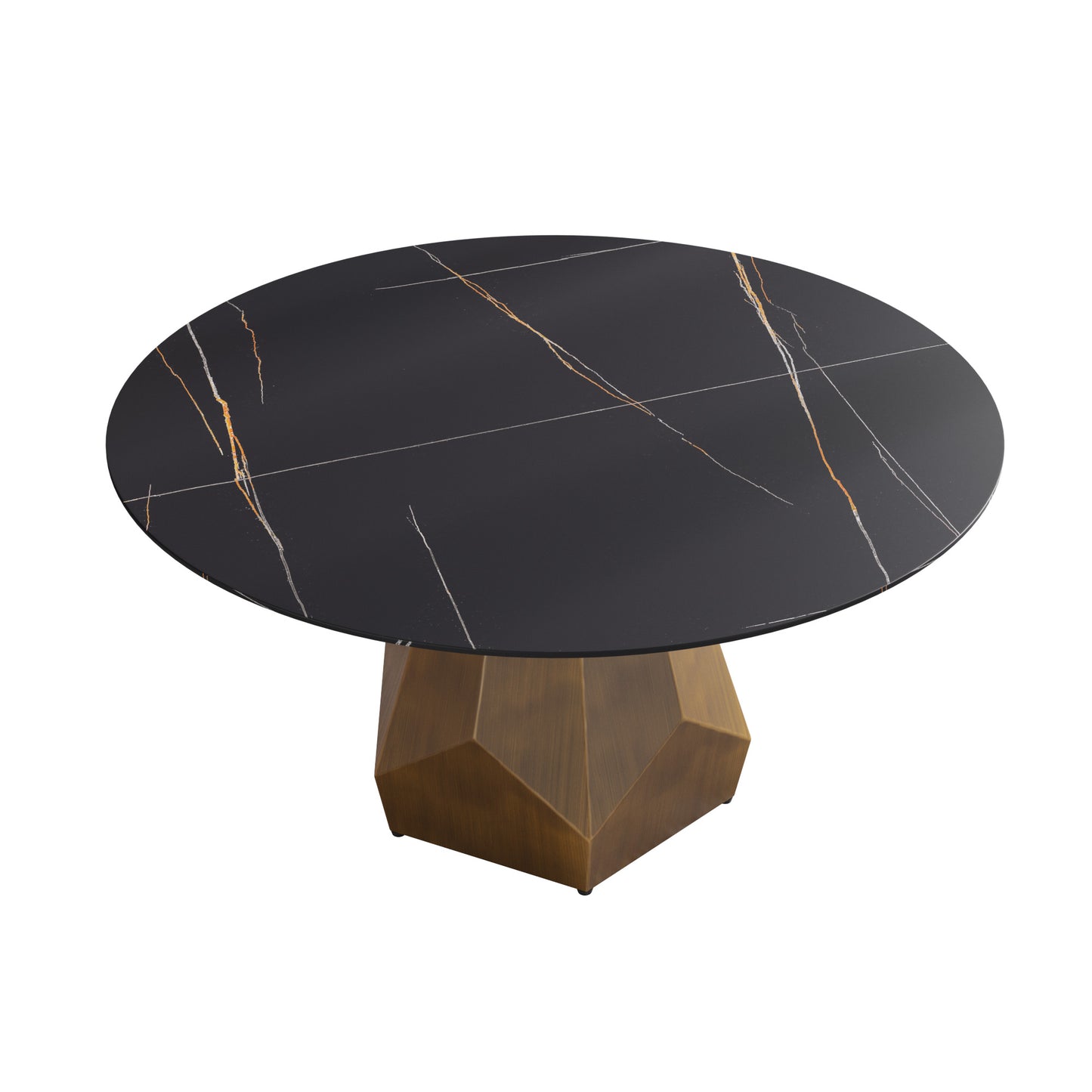 Round black marble dining table with gold veining and geometric bronze base