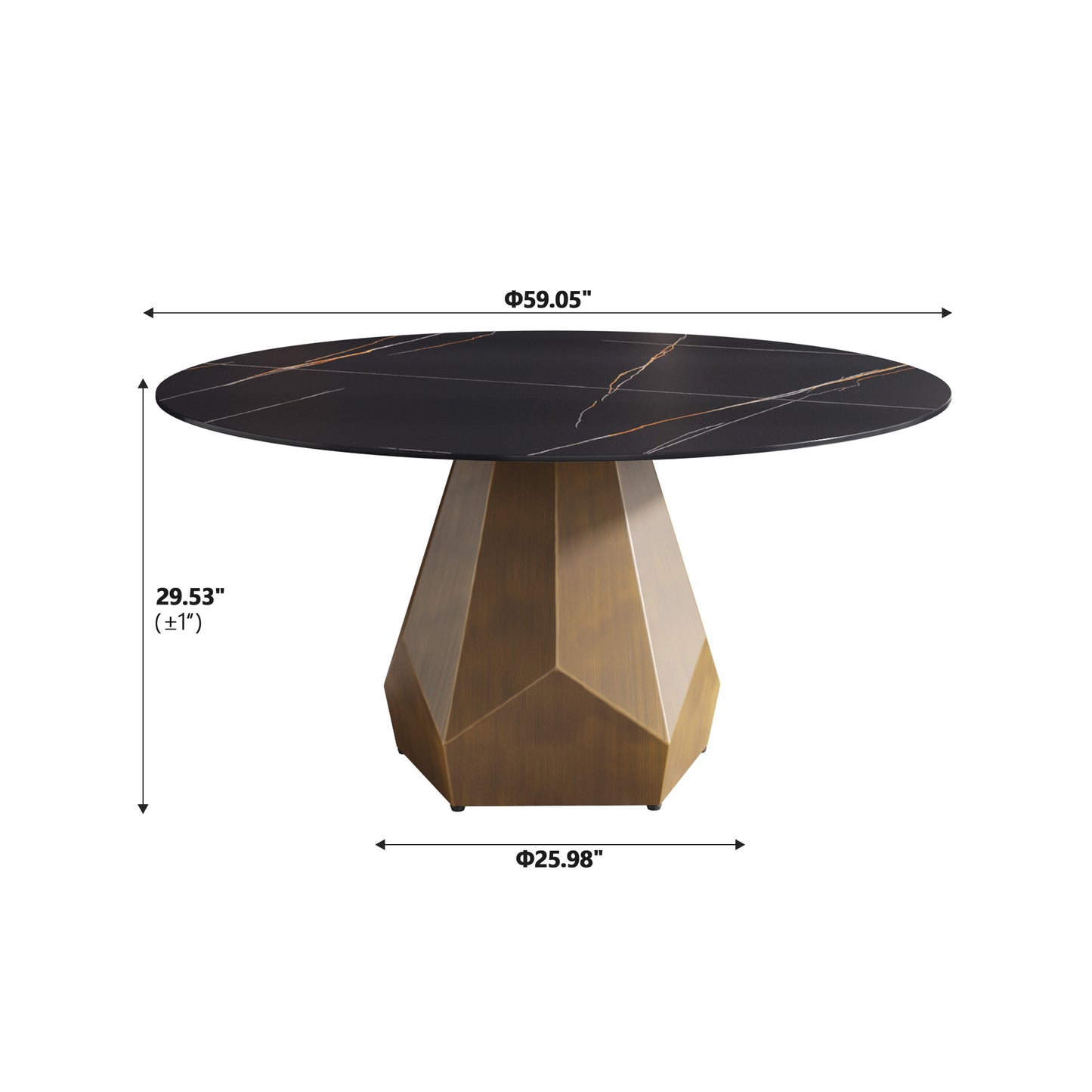 Black marble dining table with gold veining and geometric gold base