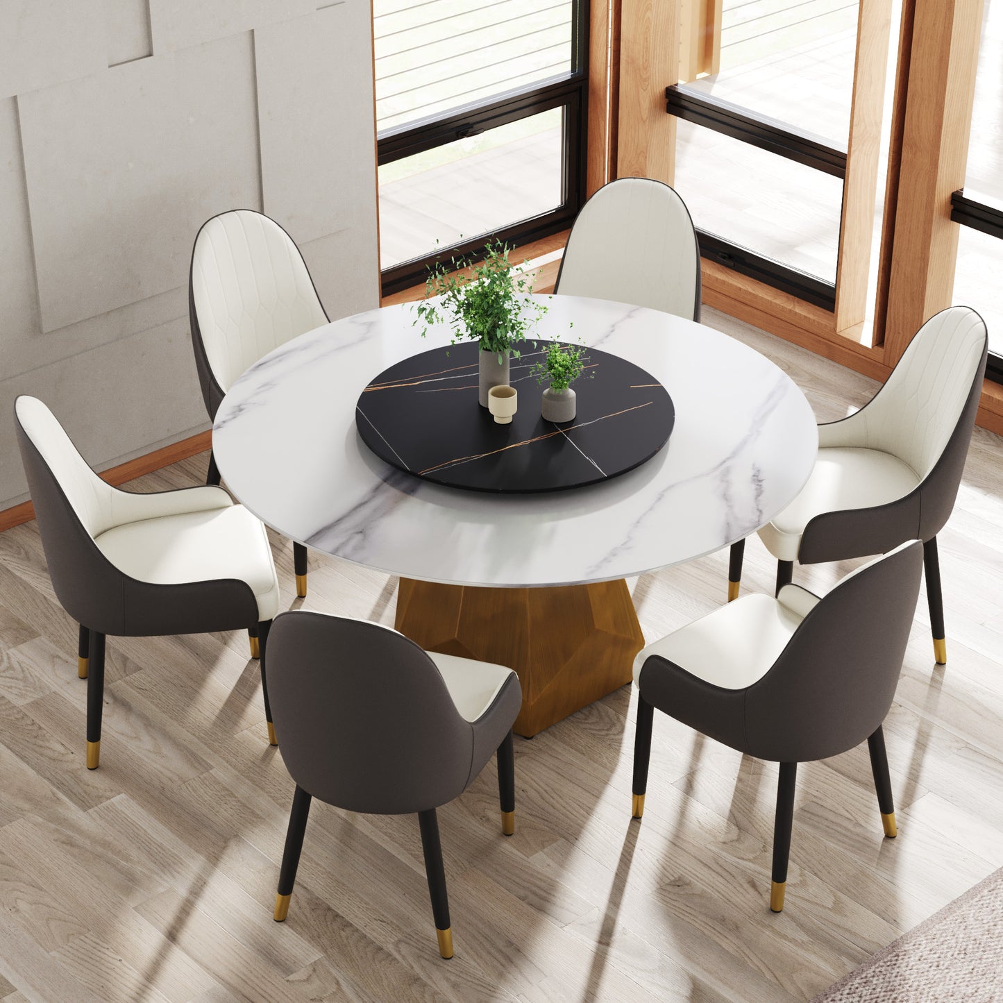 Modern marble dining table with contemporary chairs and gold accents