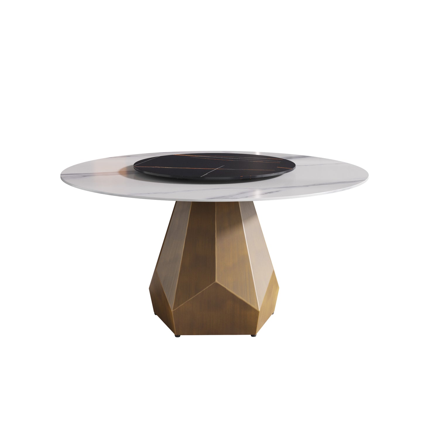 Round marble dining table with geometric bronze base and decorative black centerpiece