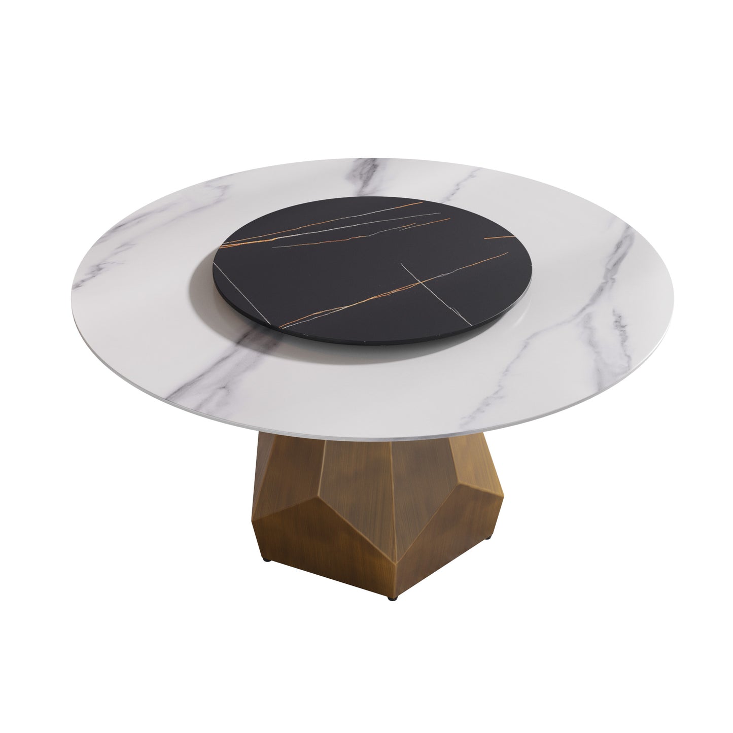 Round marble top dining table with black inlaid Lazy Susan and geometric bronze base