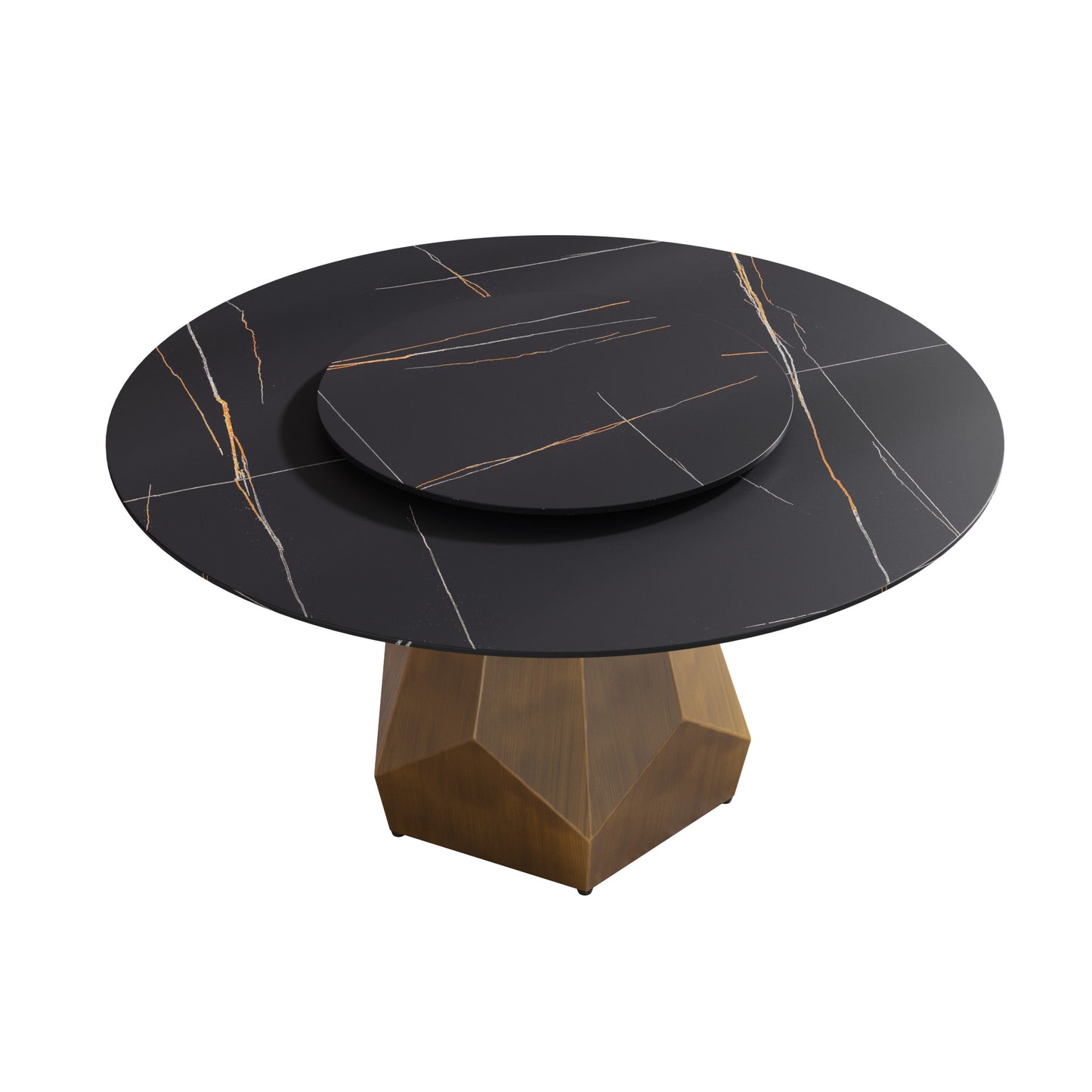 Black marble round dining table with gold veining and geometric bronze base