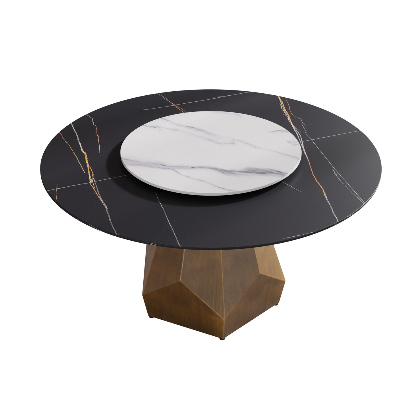 Round black dining table with marble inlay and geometric bronze base