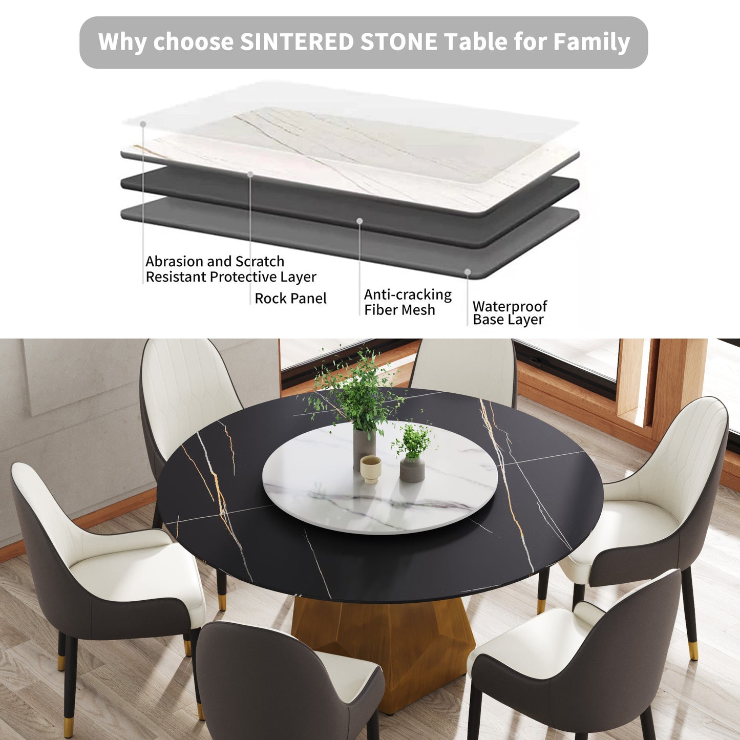 Round sintered stone dining table with gold base and marble lazy Susan