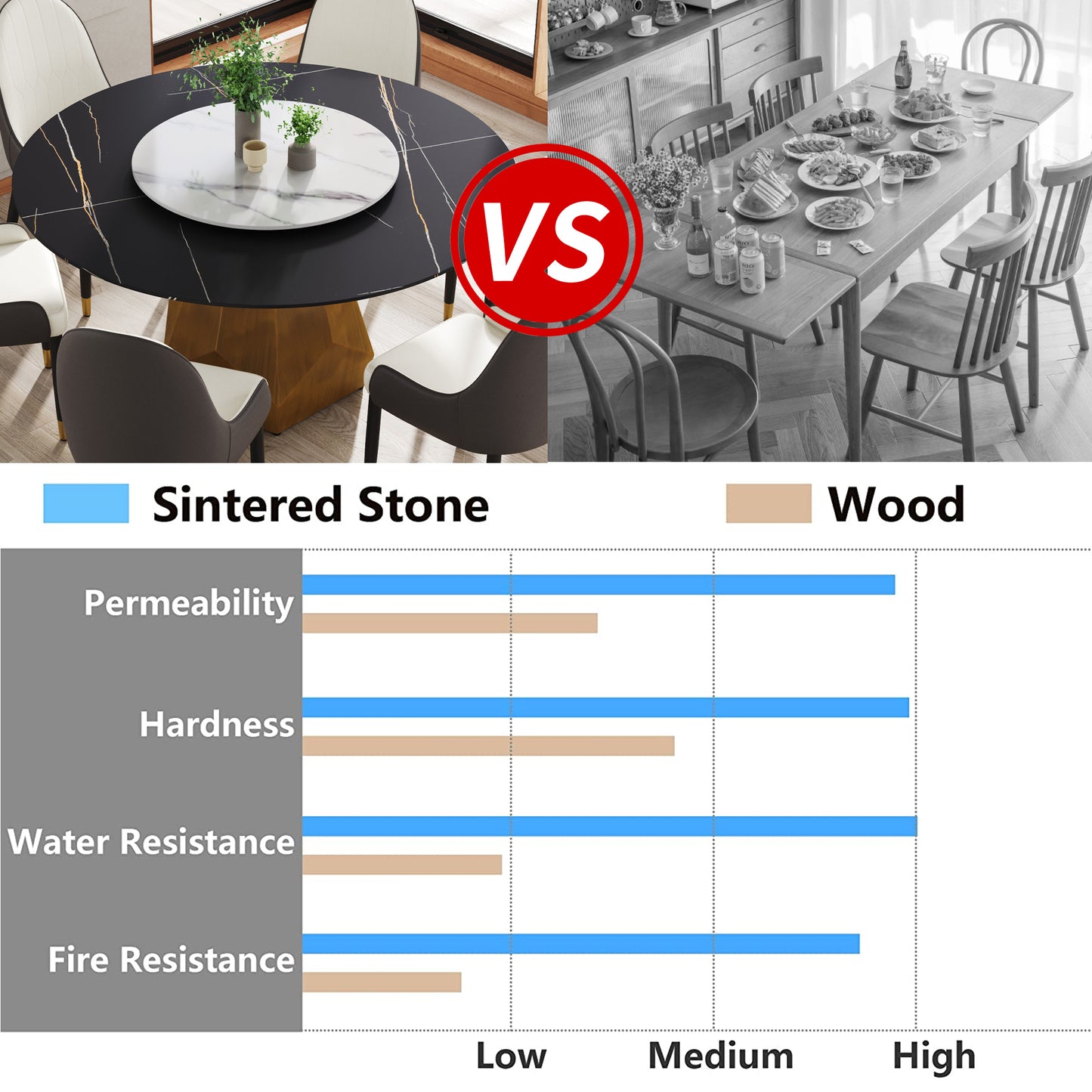 Round black sintered stone dining table with white marble inlay and gold accents