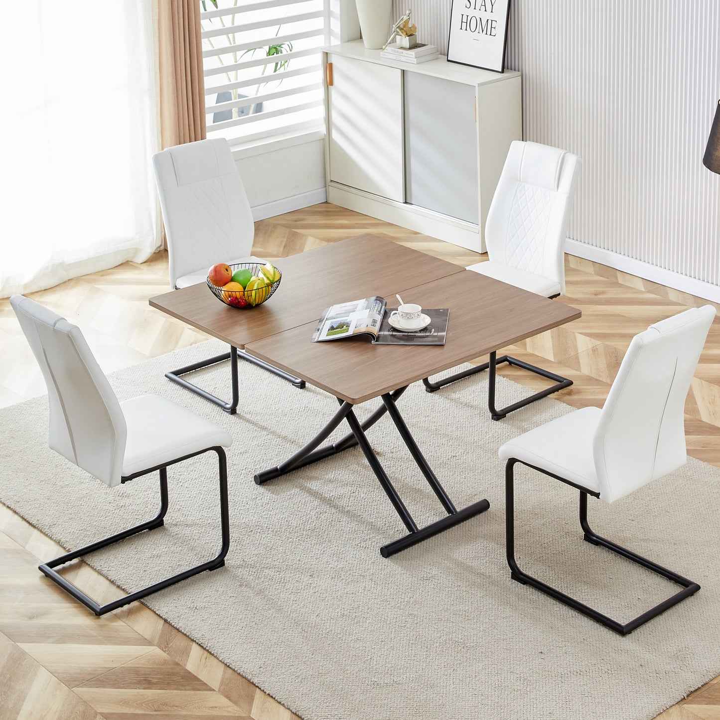 Square modern dining table with wood veneer top and folding metal legs
