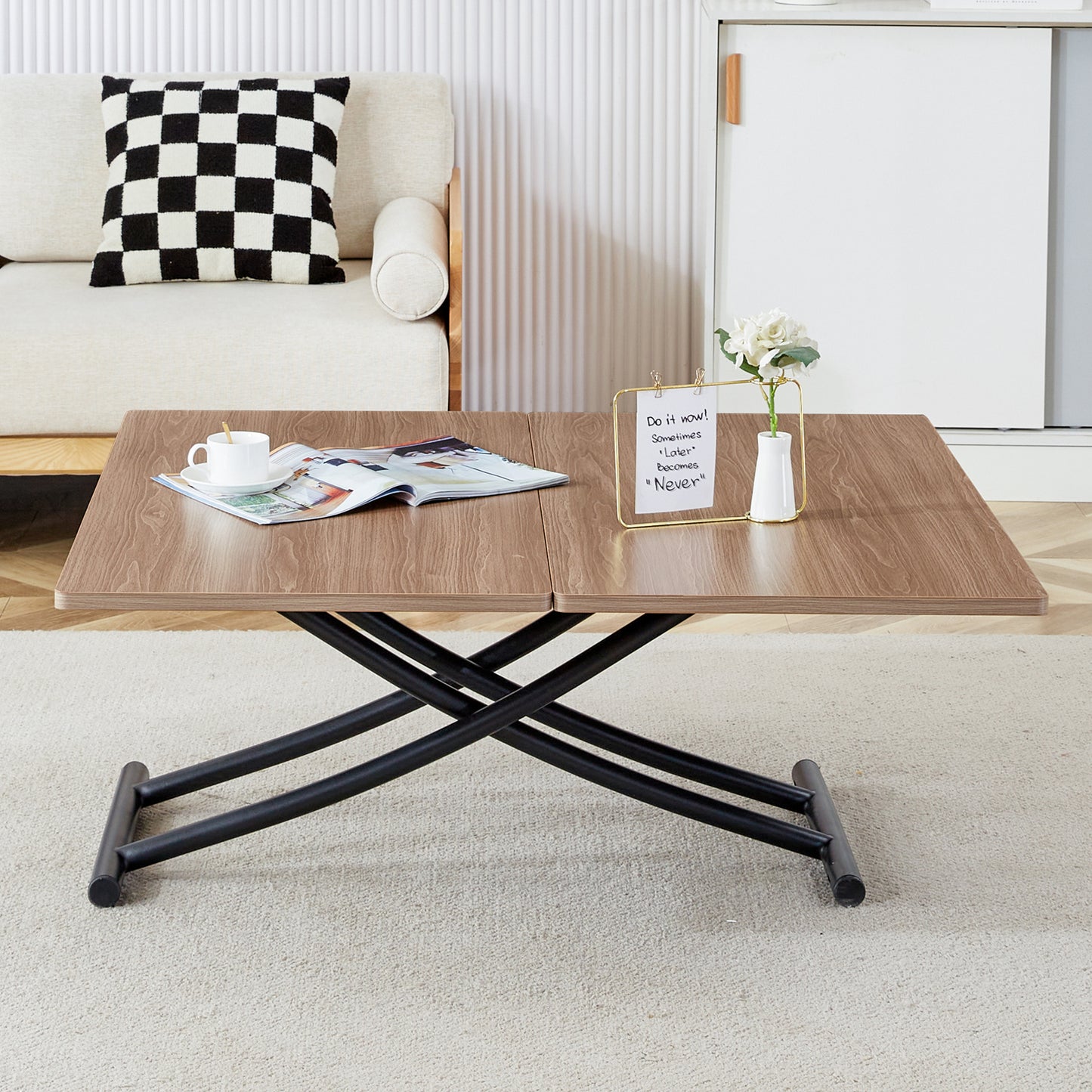 Lift top coffee table with wood grain finish and black metal base