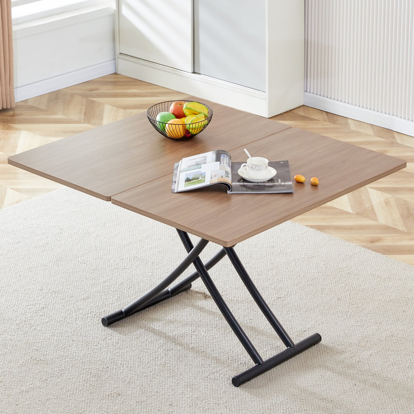 Wooden lift top coffee table with black metal base ideal for living rooms