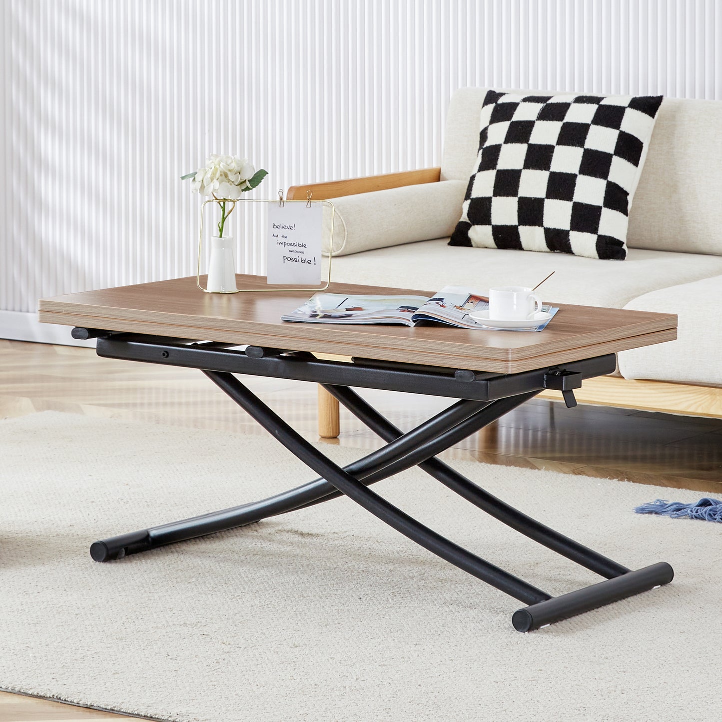 Lifttop coffee table with wood grain finish and black metal base ideal for living rooms