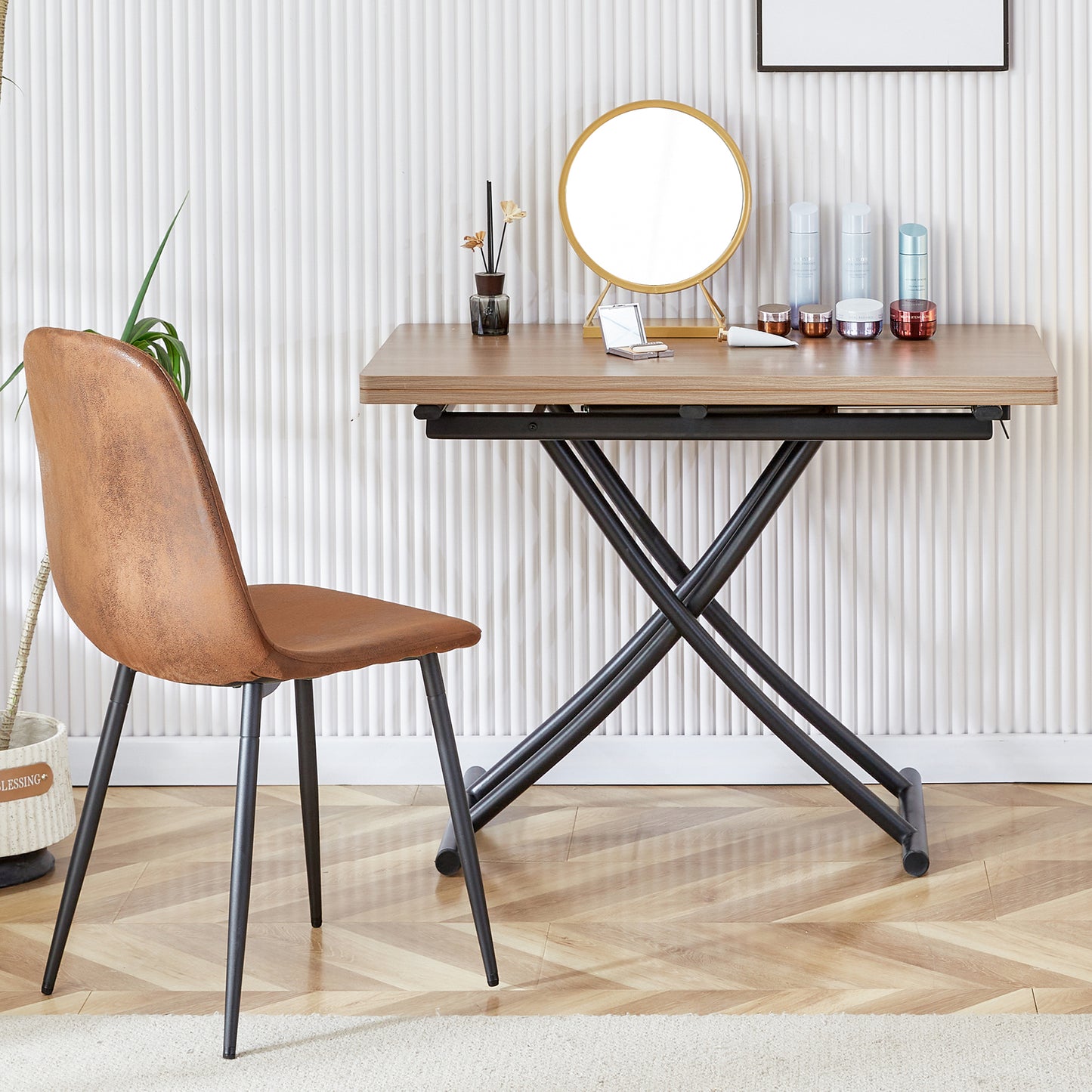 Brown faux leather dining chair with black metal legs modern home decor