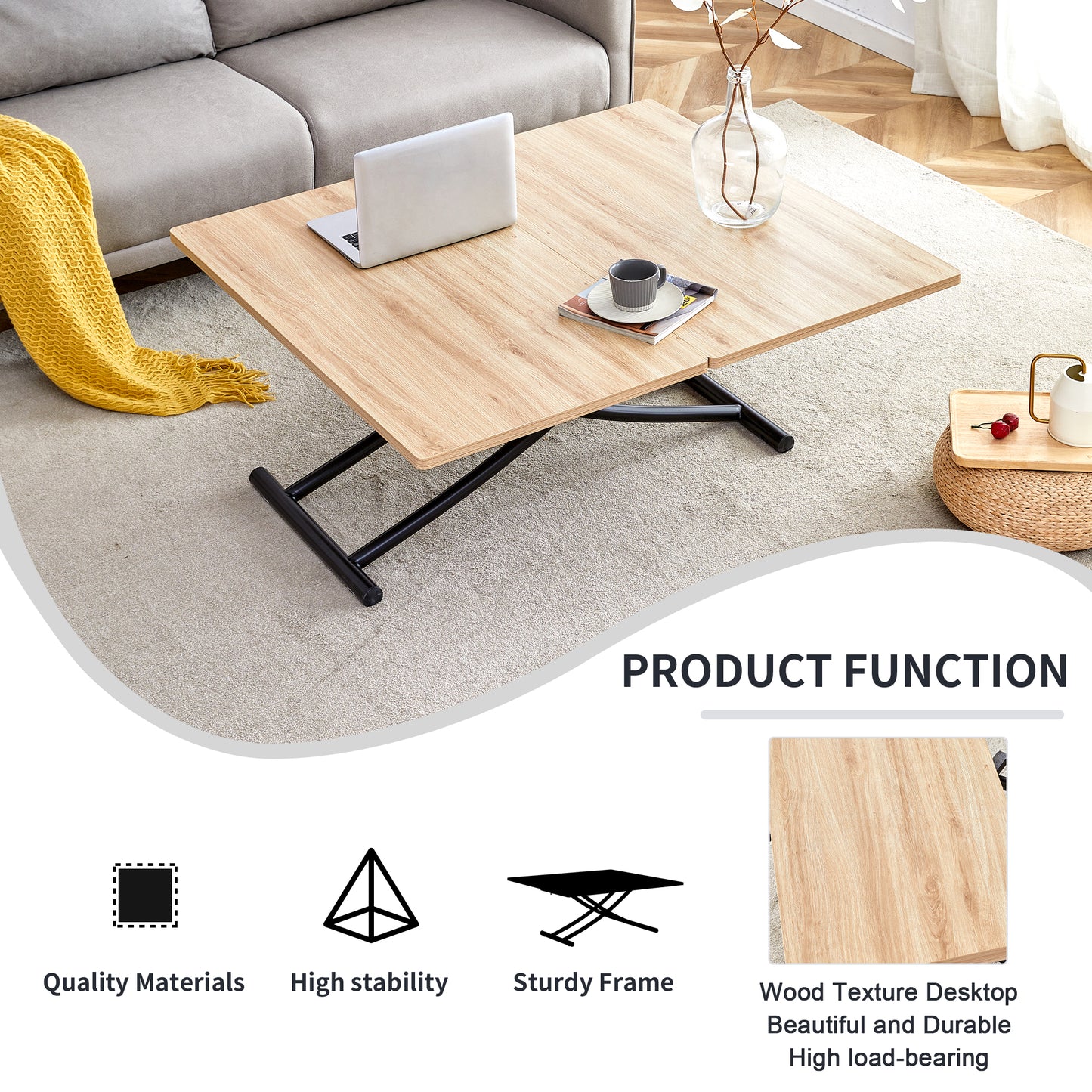 Modern lifttop coffee table with light wood grain and black metal legs ideal for living rooms