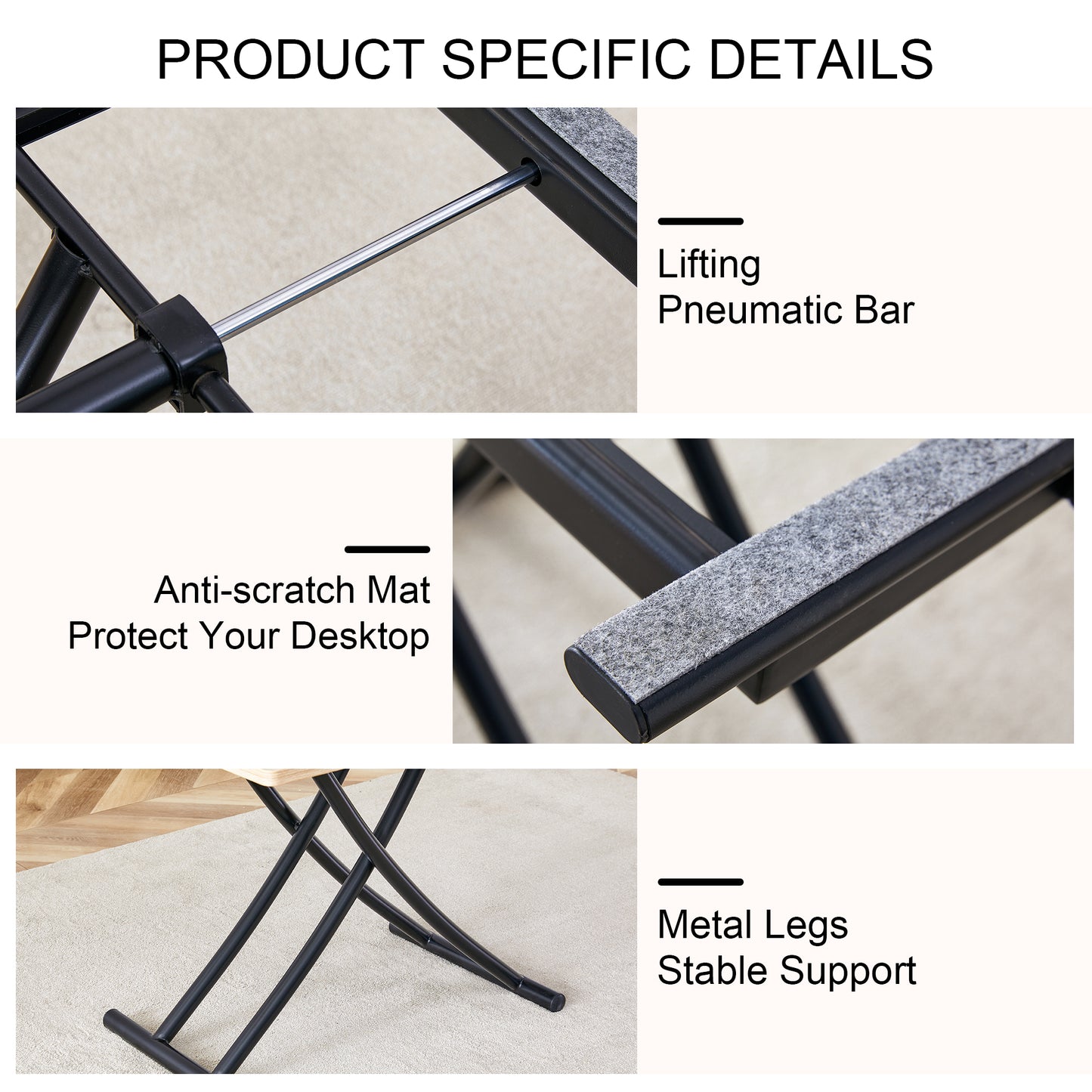 Closeup of a lifting pneumatic bar on a black metal frame part of a standing desk converter