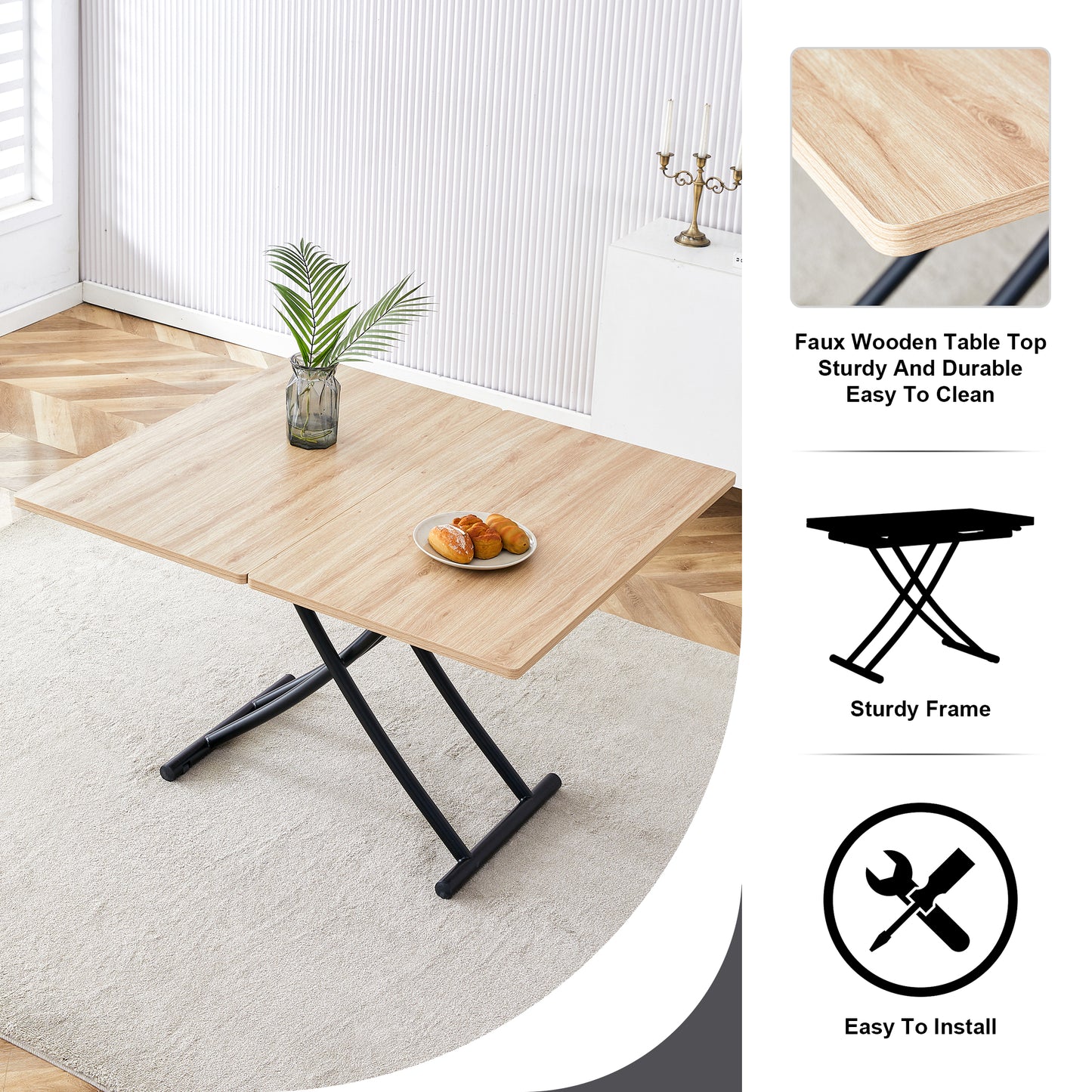 Light oak lifttop coffee table with a matte black scissor base perfect for living rooms