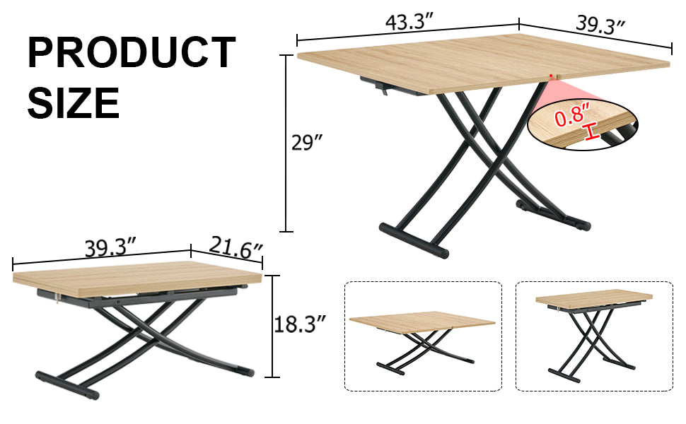 Wooden lift top coffee table with black metal Xbase showing extended and retracted states