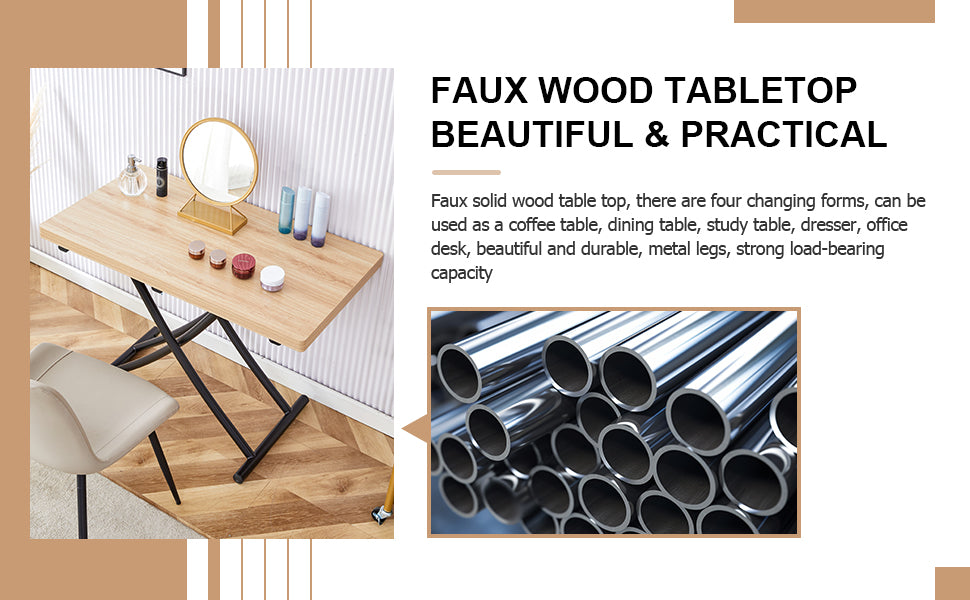 Adjustable lift top desk with faux wood tabletop and metal legs
