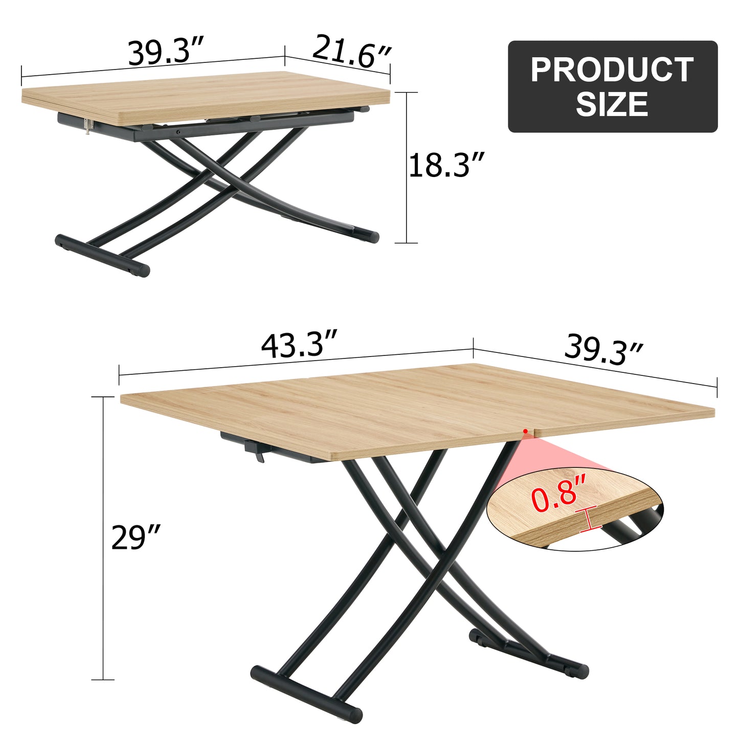 Adjustable lift top coffee table with natural wood finish and black metal base