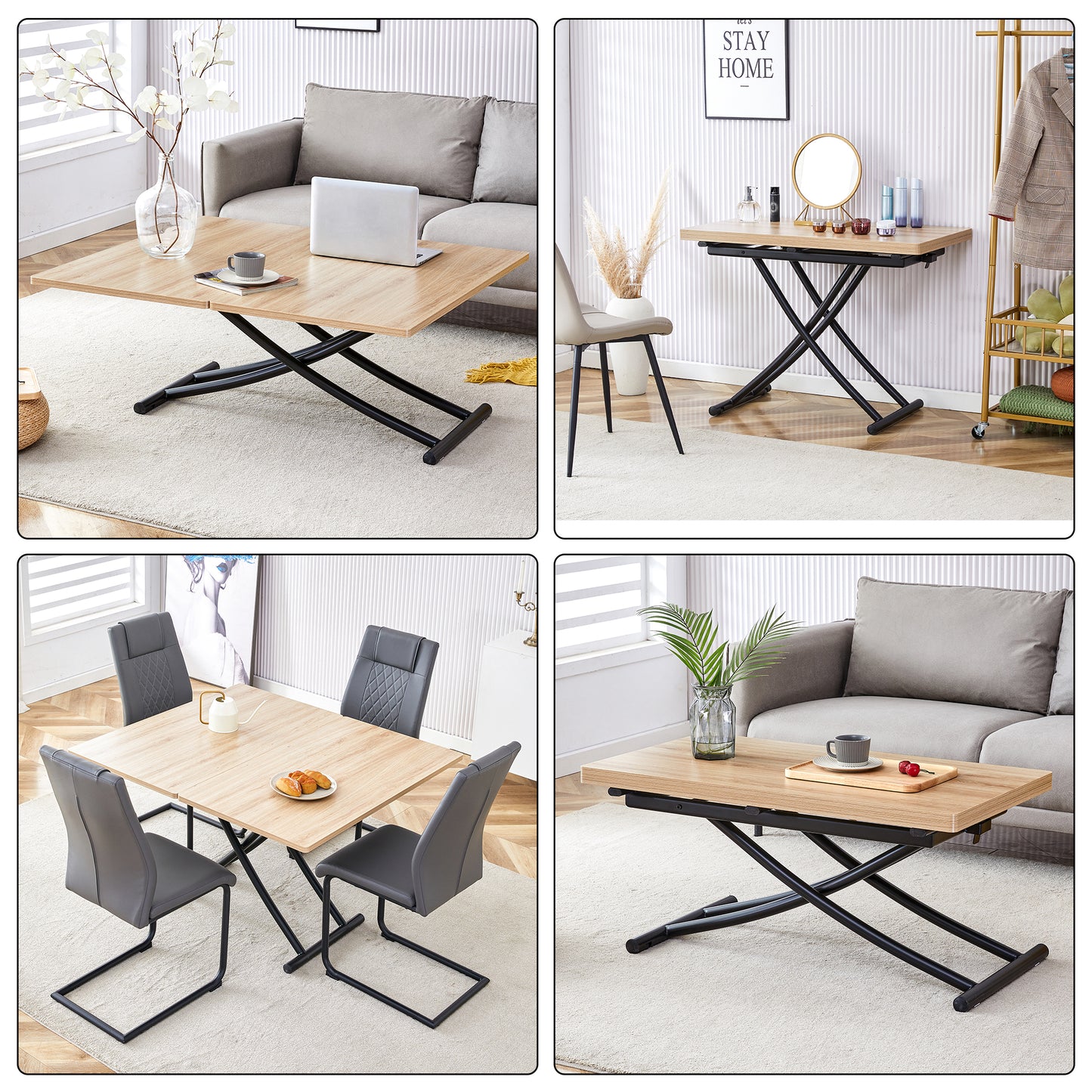 Lifttop coffee table with light wood finish and black scissor legs ideal for living rooms