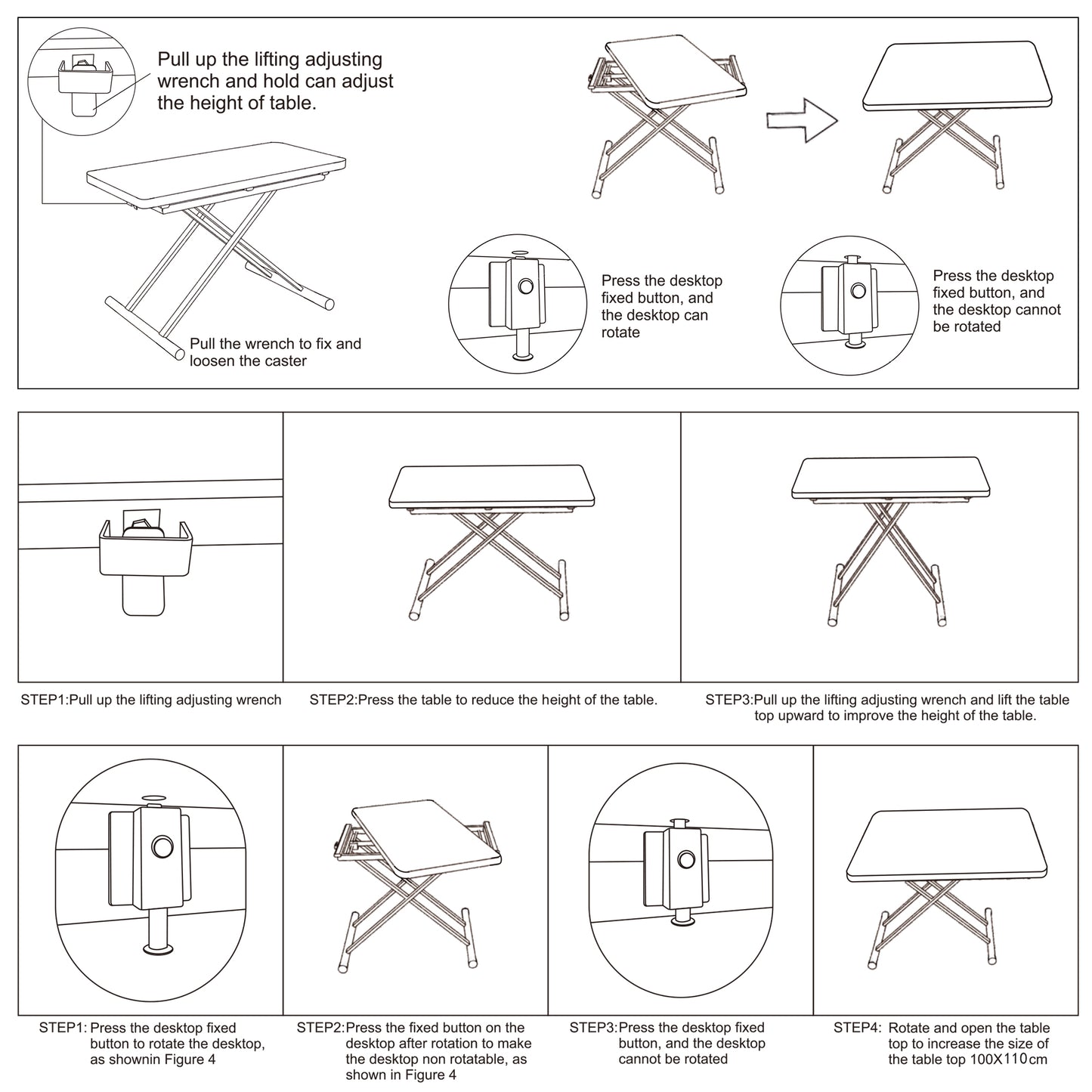 Adjusting wrench for a lifttop table showing mechanism for height adjustment