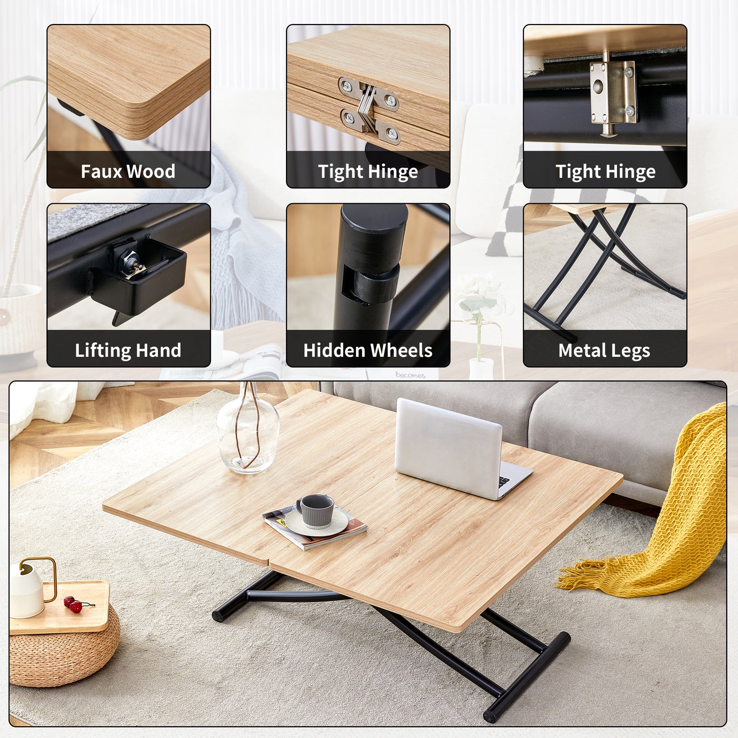 Light oak faux wood coffee table with black metal legs and hidden wheels