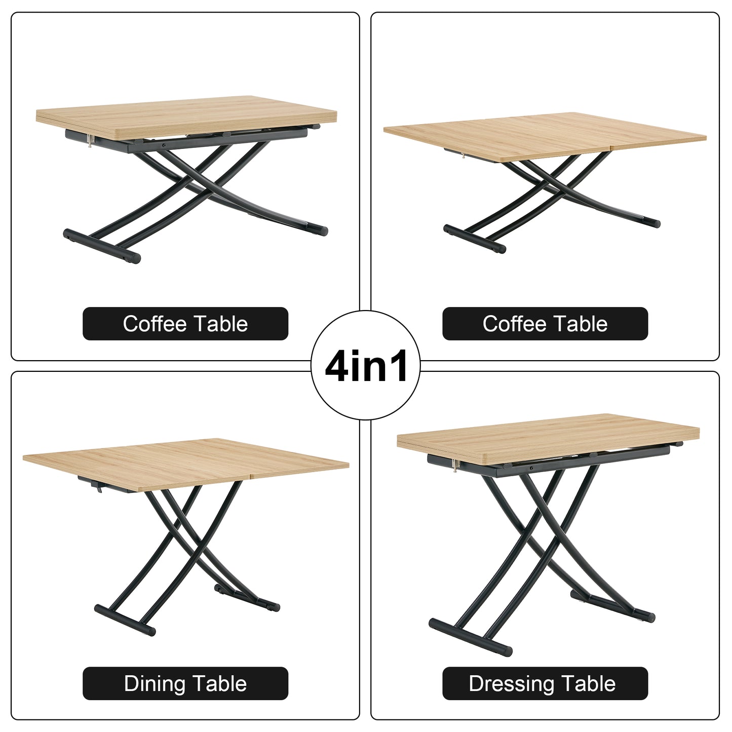 Adjustable lift top coffee table with light wood finish and black metal legs