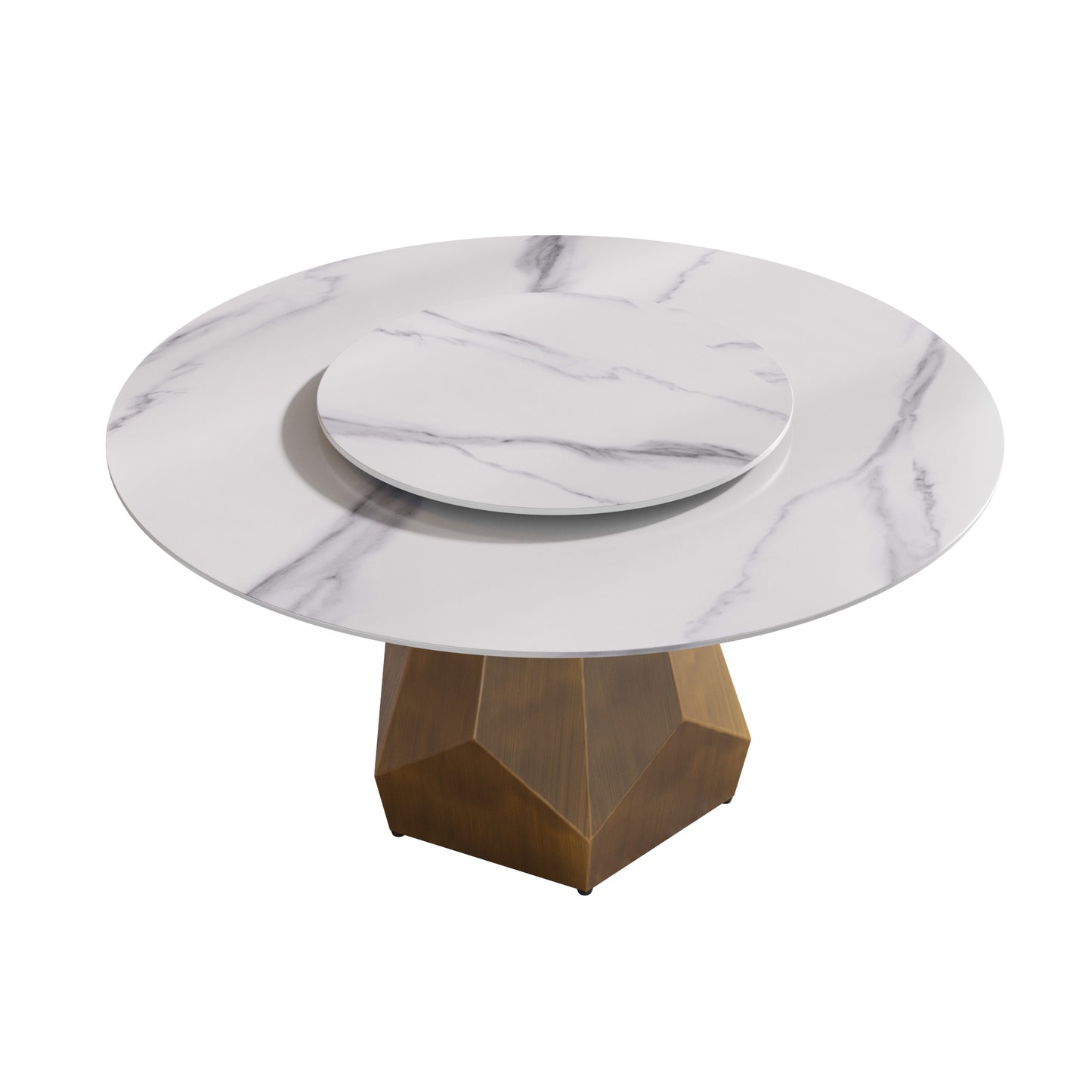 Modern white marble round dining table with a faceted bronze base