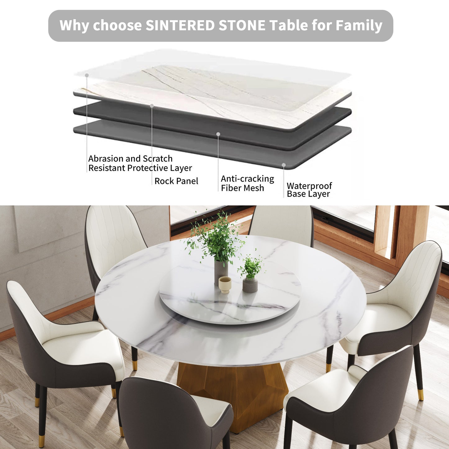 Modern white sintered stone dining table with rotating tray and chairs