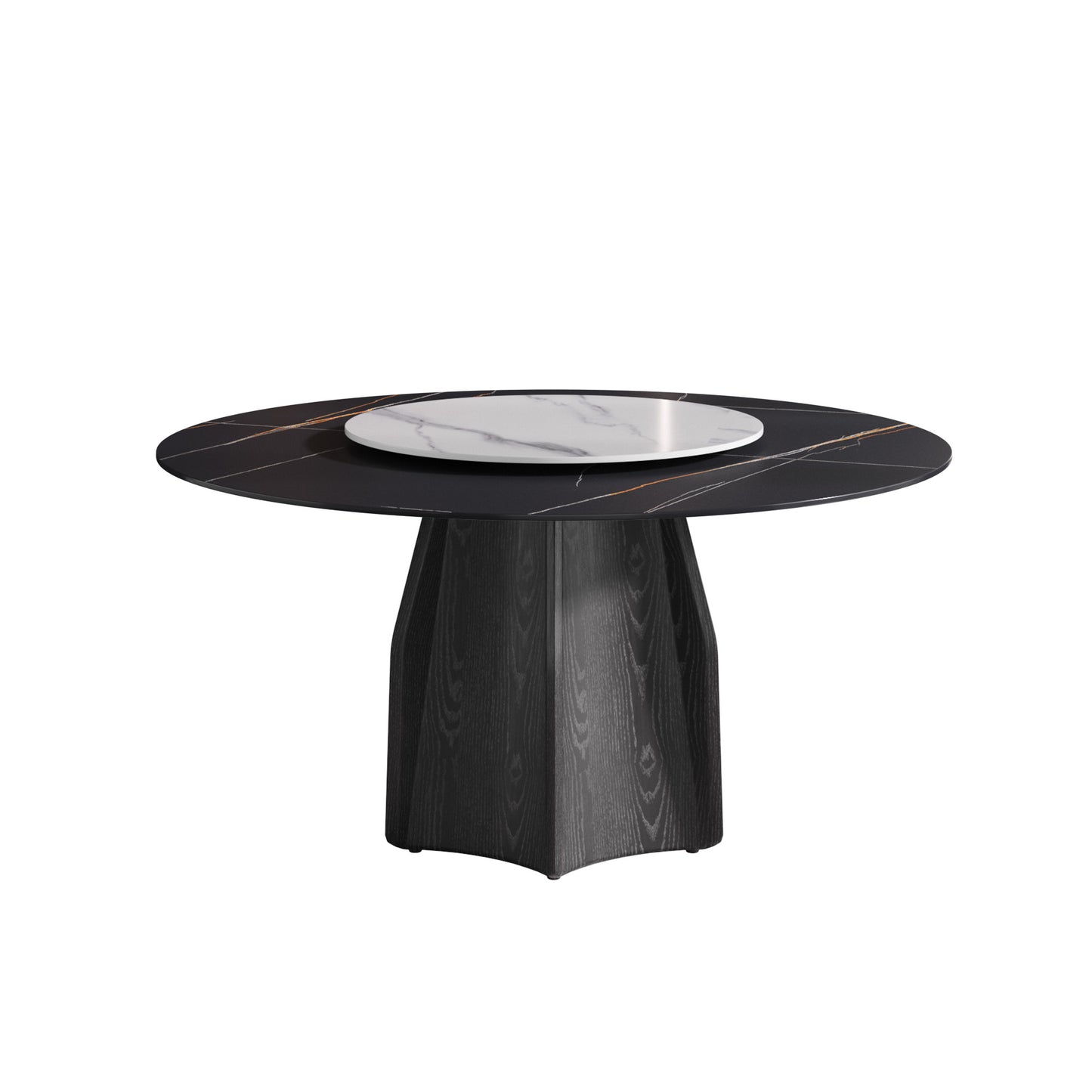 Black marble dining table with rotating white marble lazy Susan and dark wood base
