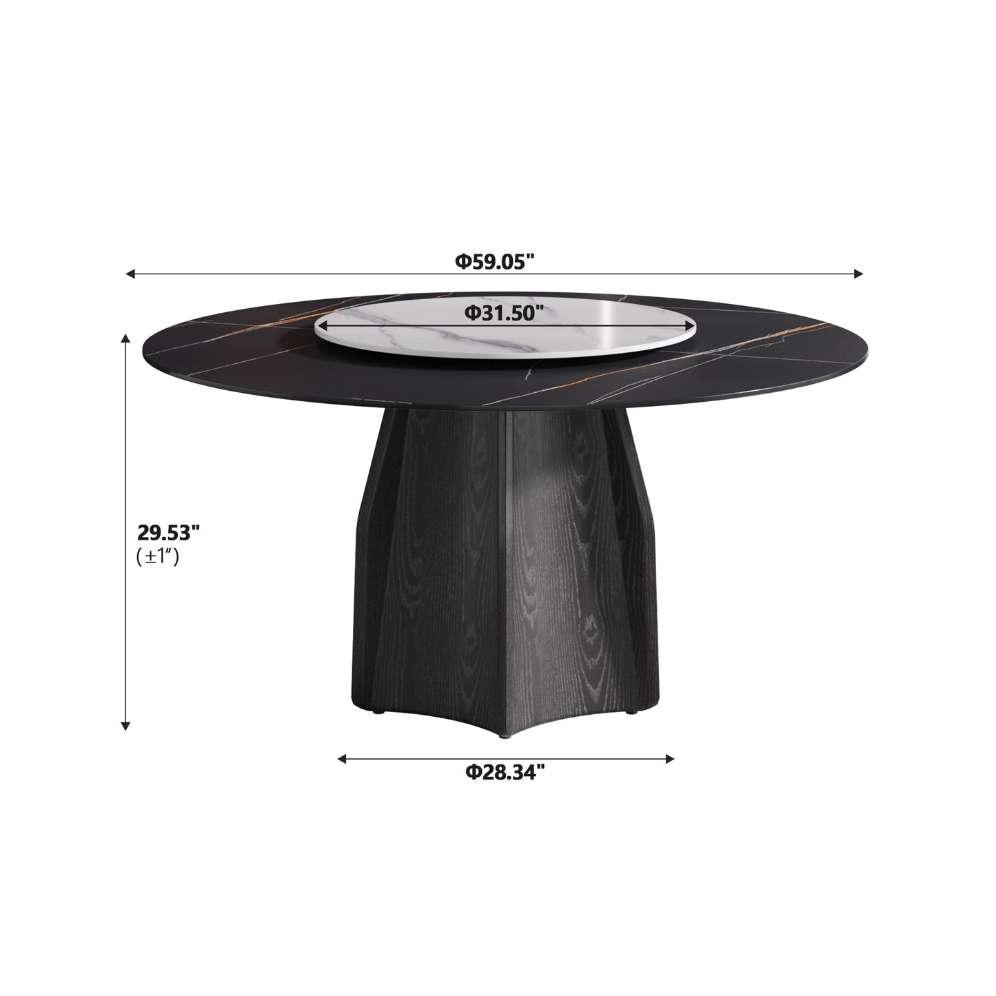 Round marble top dining table with wood pedestal base
