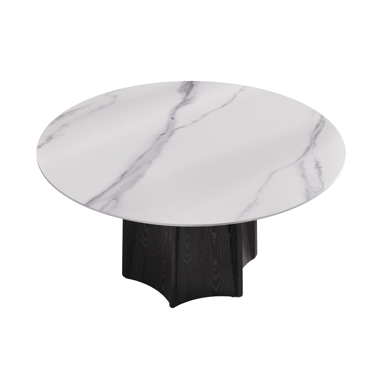 Round marble top dining table with dark wood pedestal base