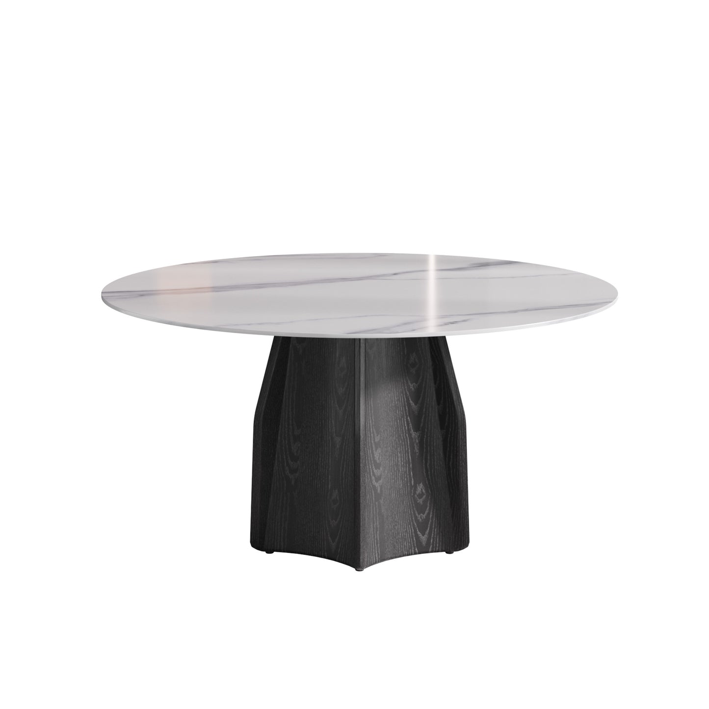 Round white marbletop dining table with a black textured pedestal base