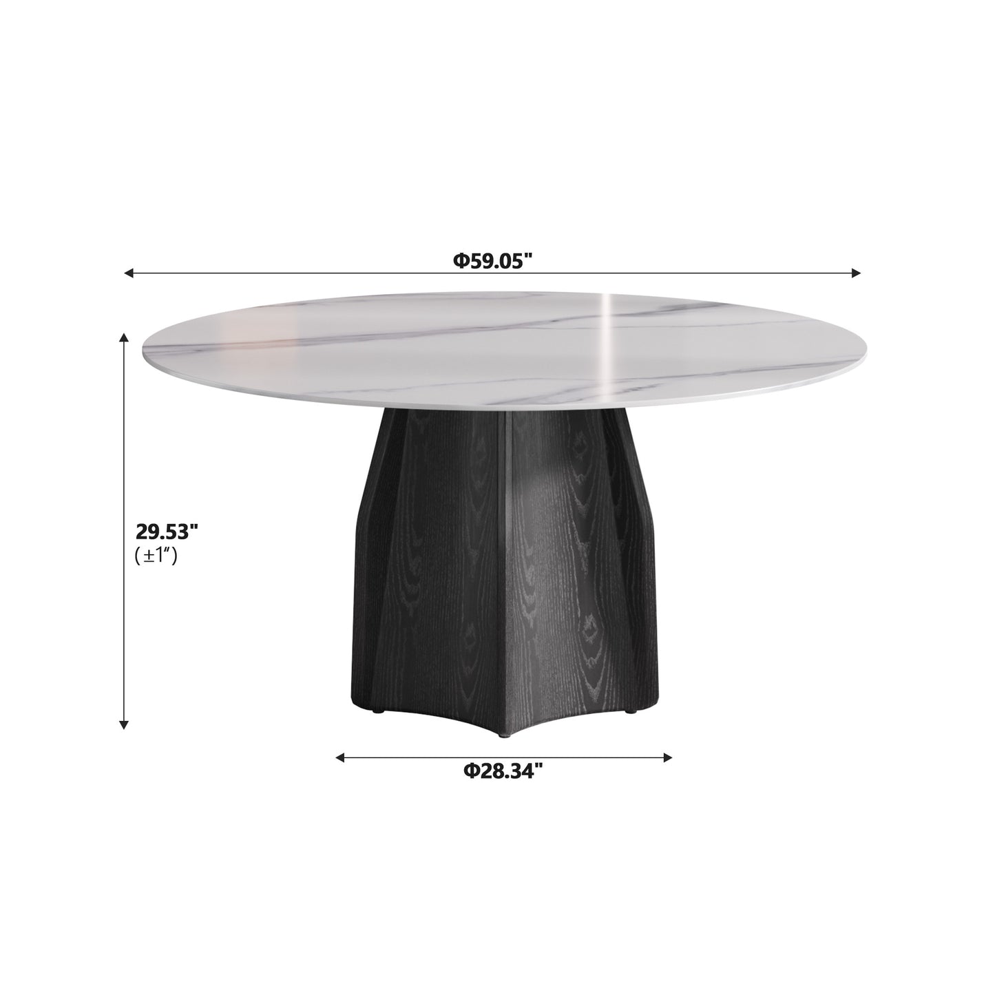 Round marble top dining table with a textured dark wood pedestal base