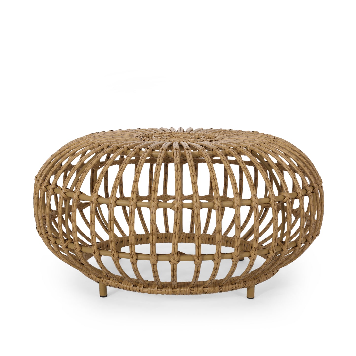 Round natural rattan ottoman with open weave design and metal legs