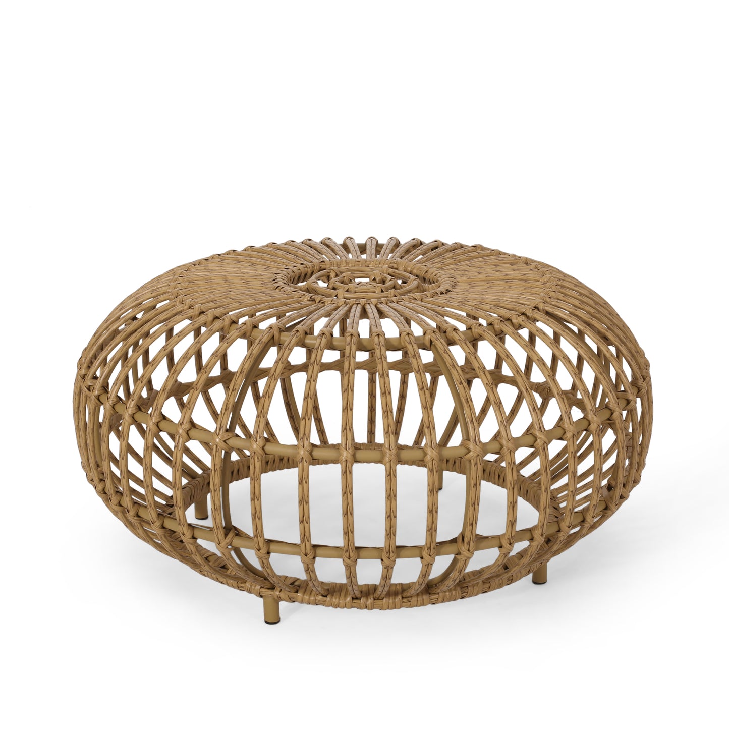 Round natural rattan ottoman with intricate woven detail perfect for accent seating