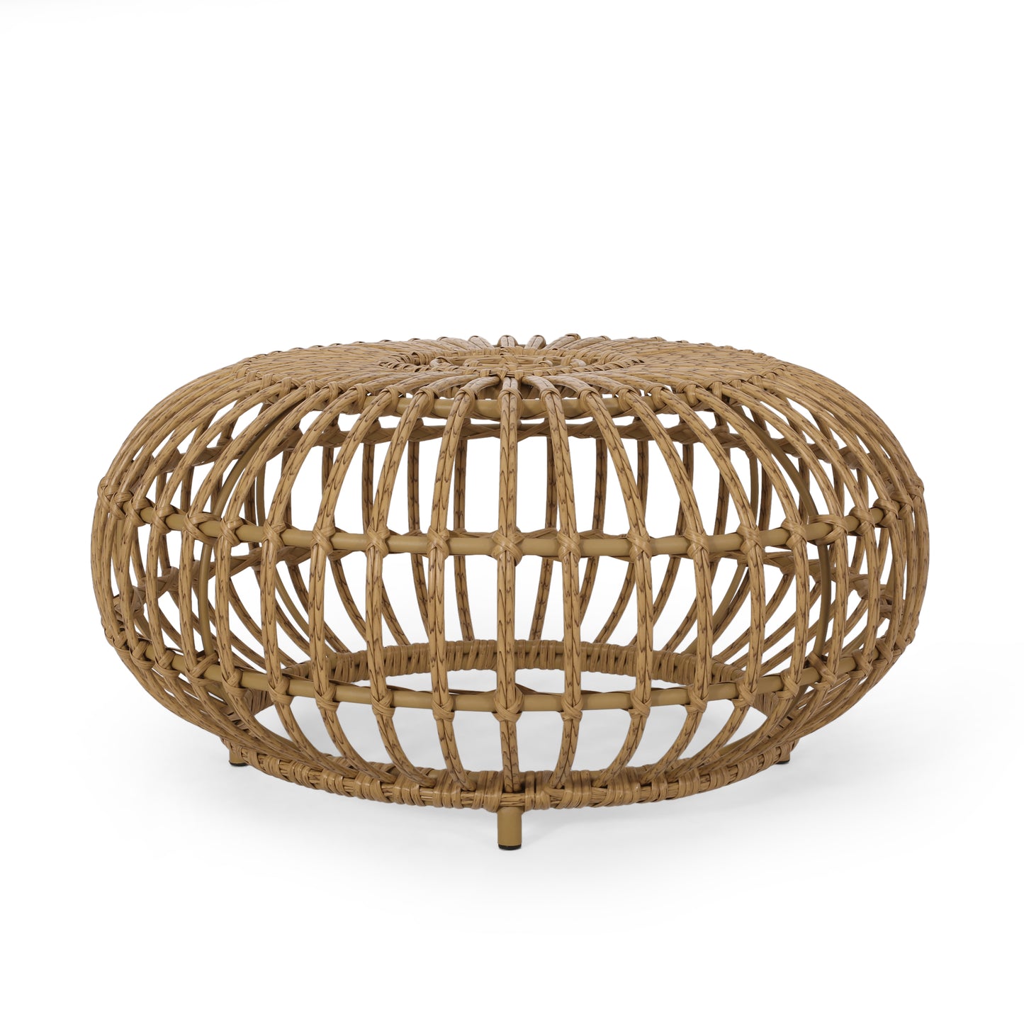 Woven rattan ottoman with an open spherical design and natural brown finish