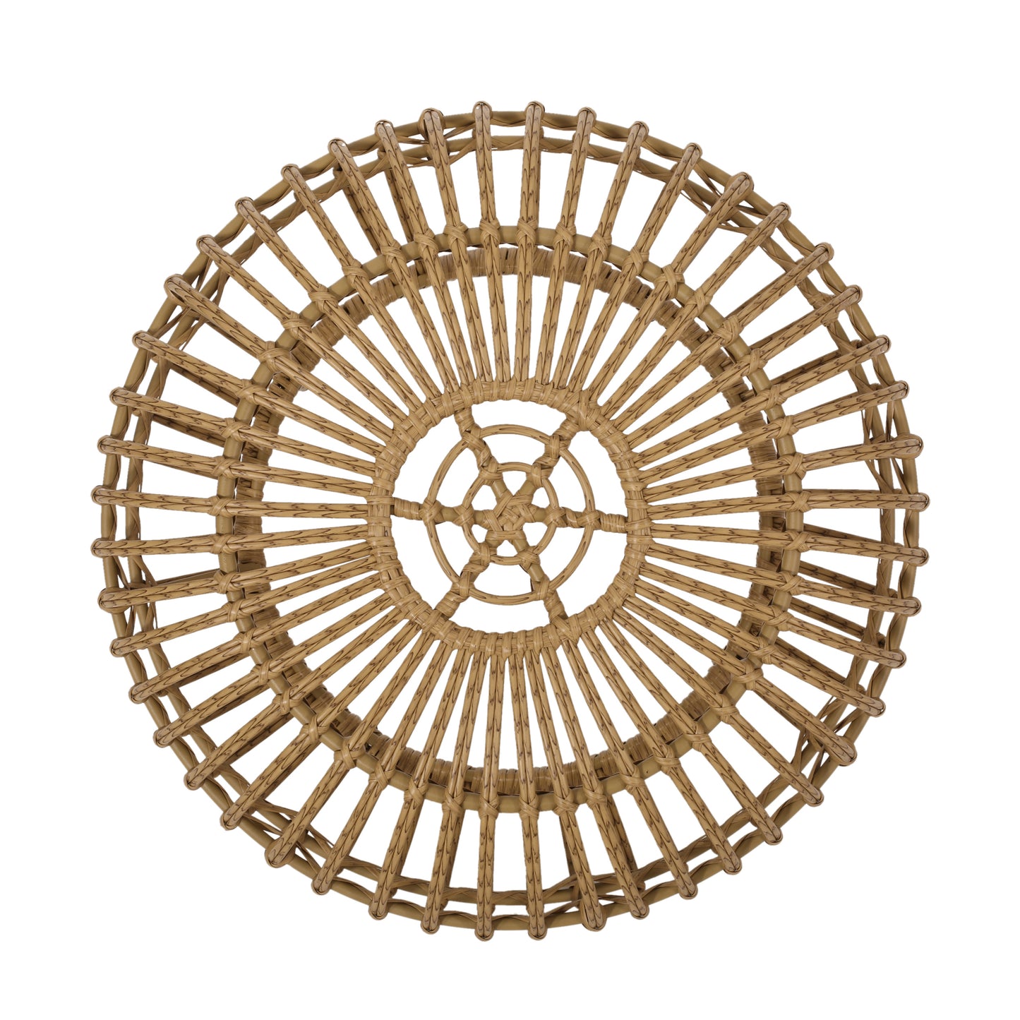 Woven rattan round coaster with natural brown tones and a detailed radiating pattern perfect for protecting surfaces