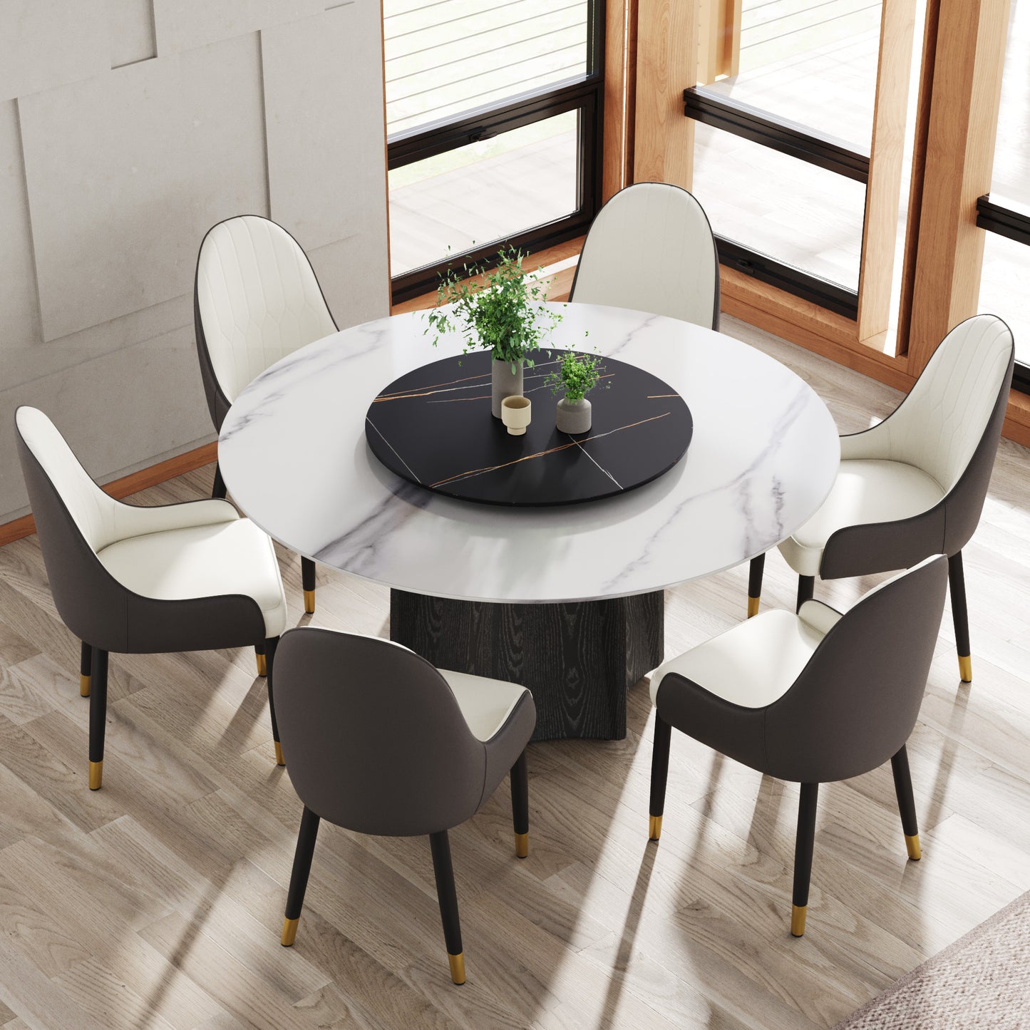 Round marble dining table with rotating tray and upholstered chairs