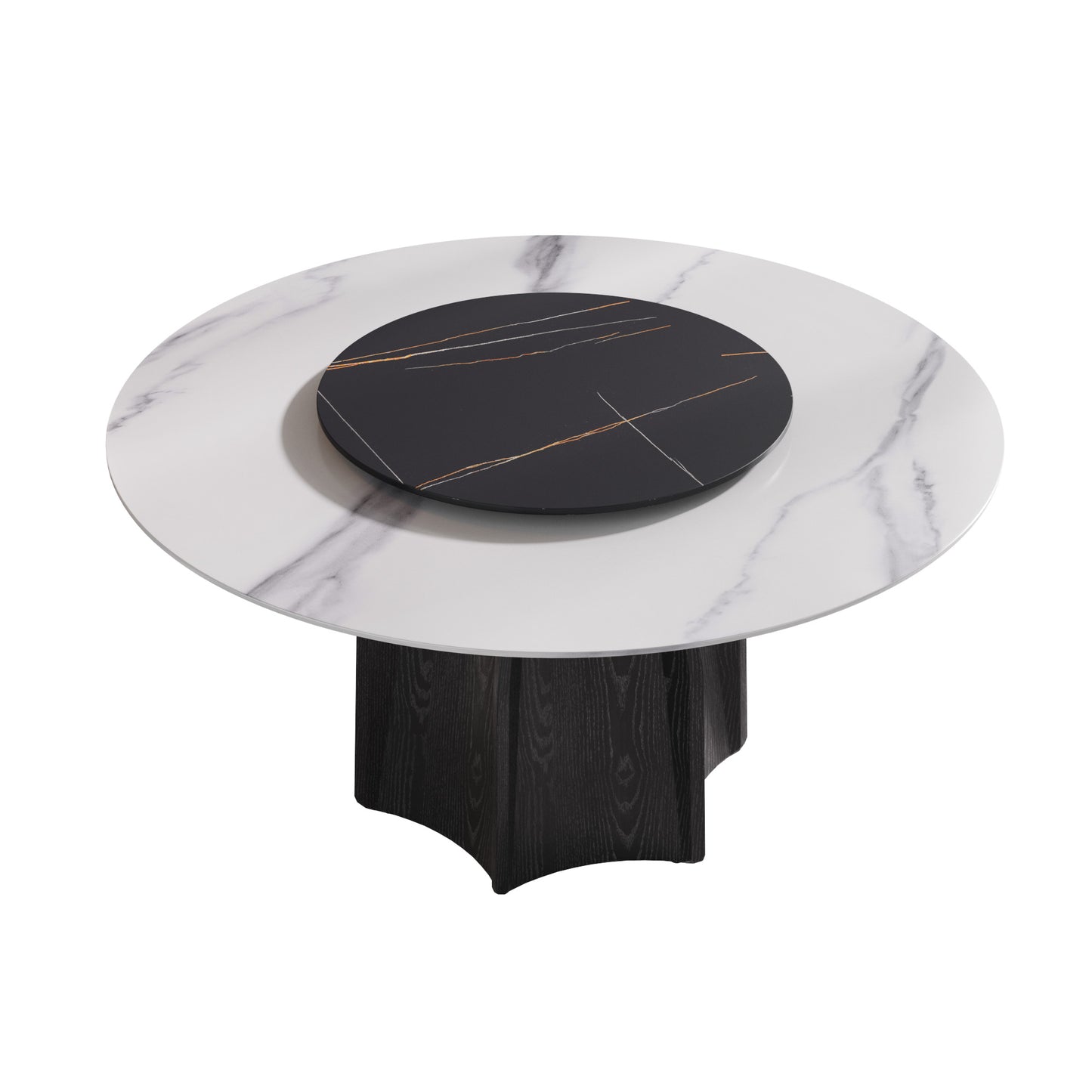 Modern round dining table with white marble top and dark wood pedestal base