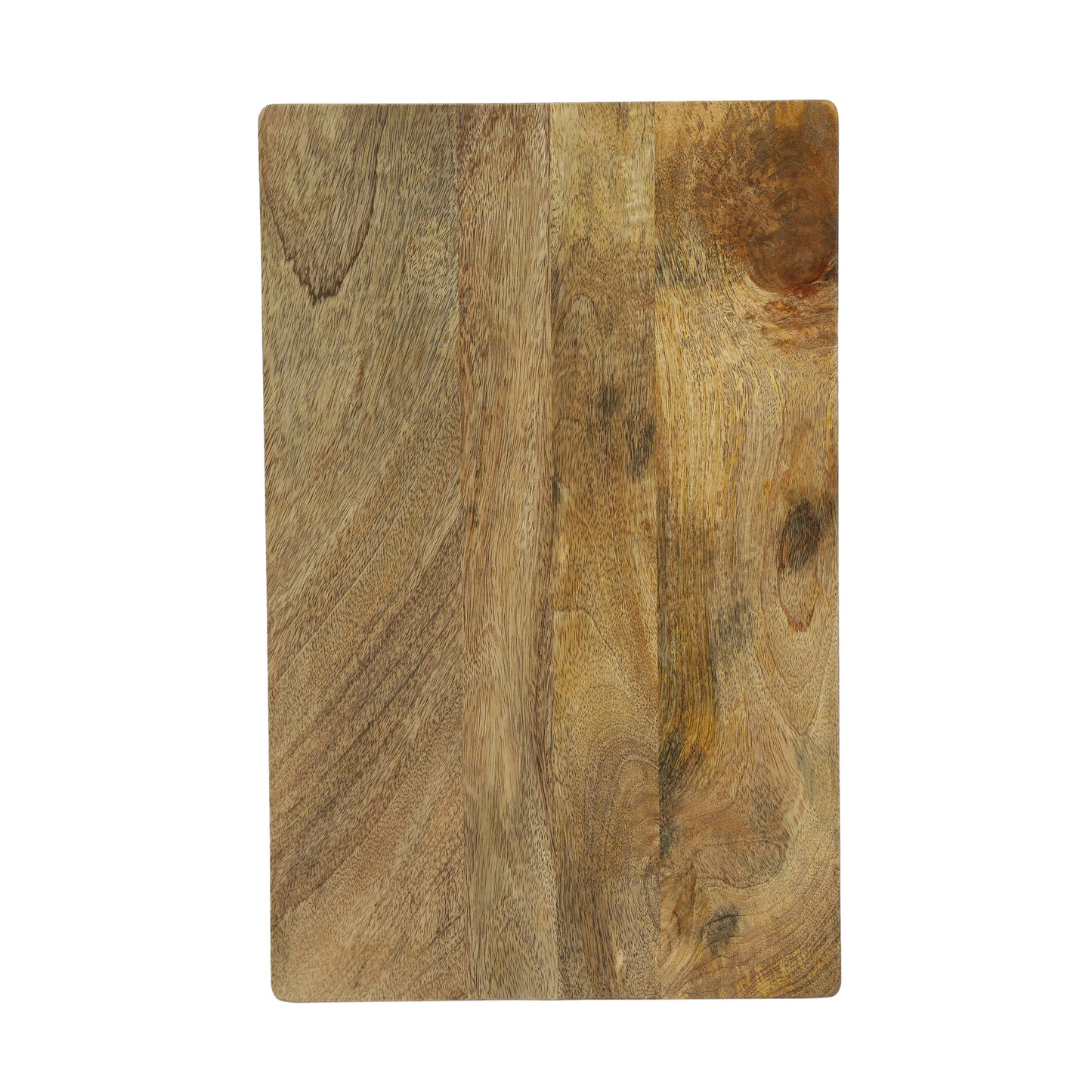 Rectangular wooden cutting board with visible wood grain and knots