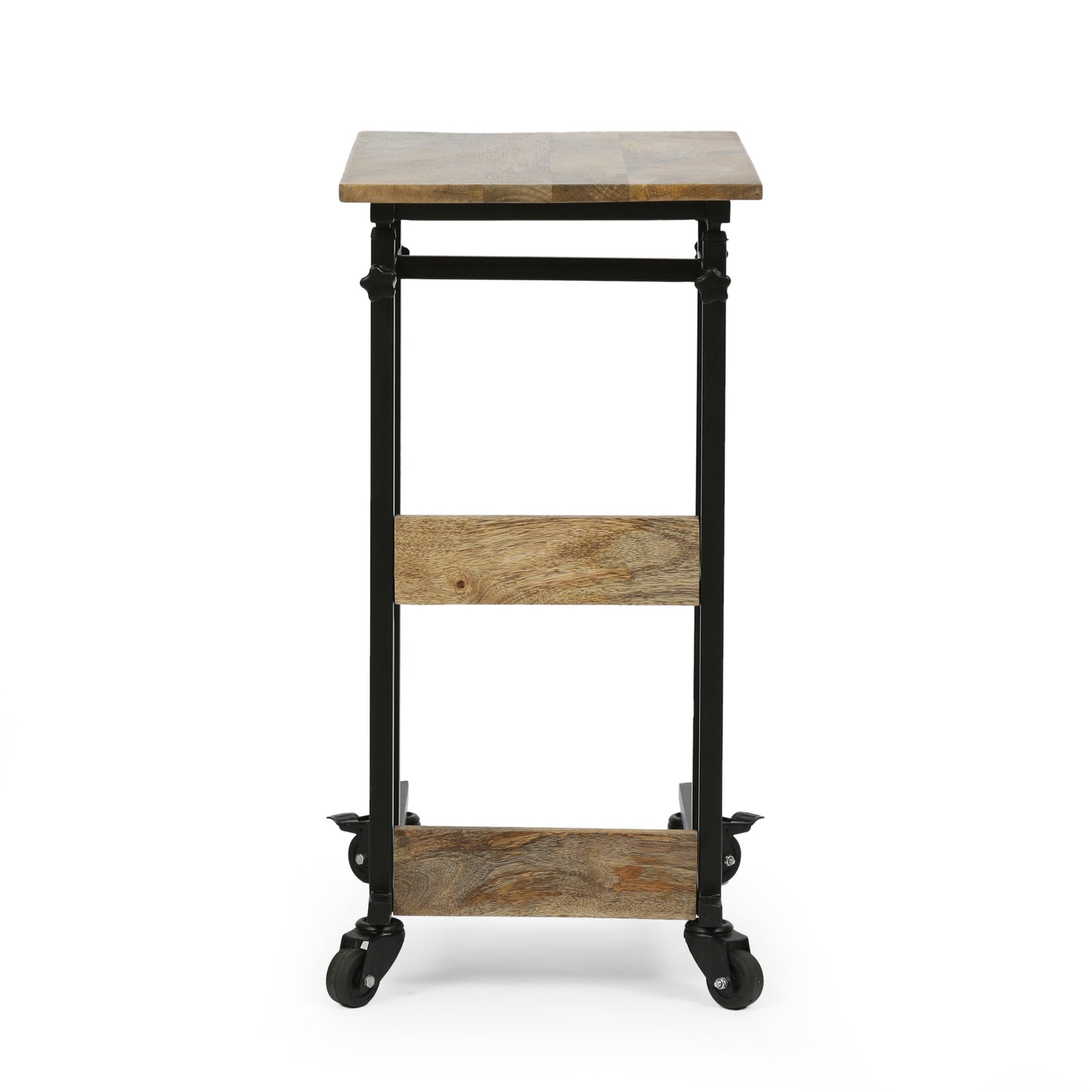 Industrial style wood and metal side table with wheels