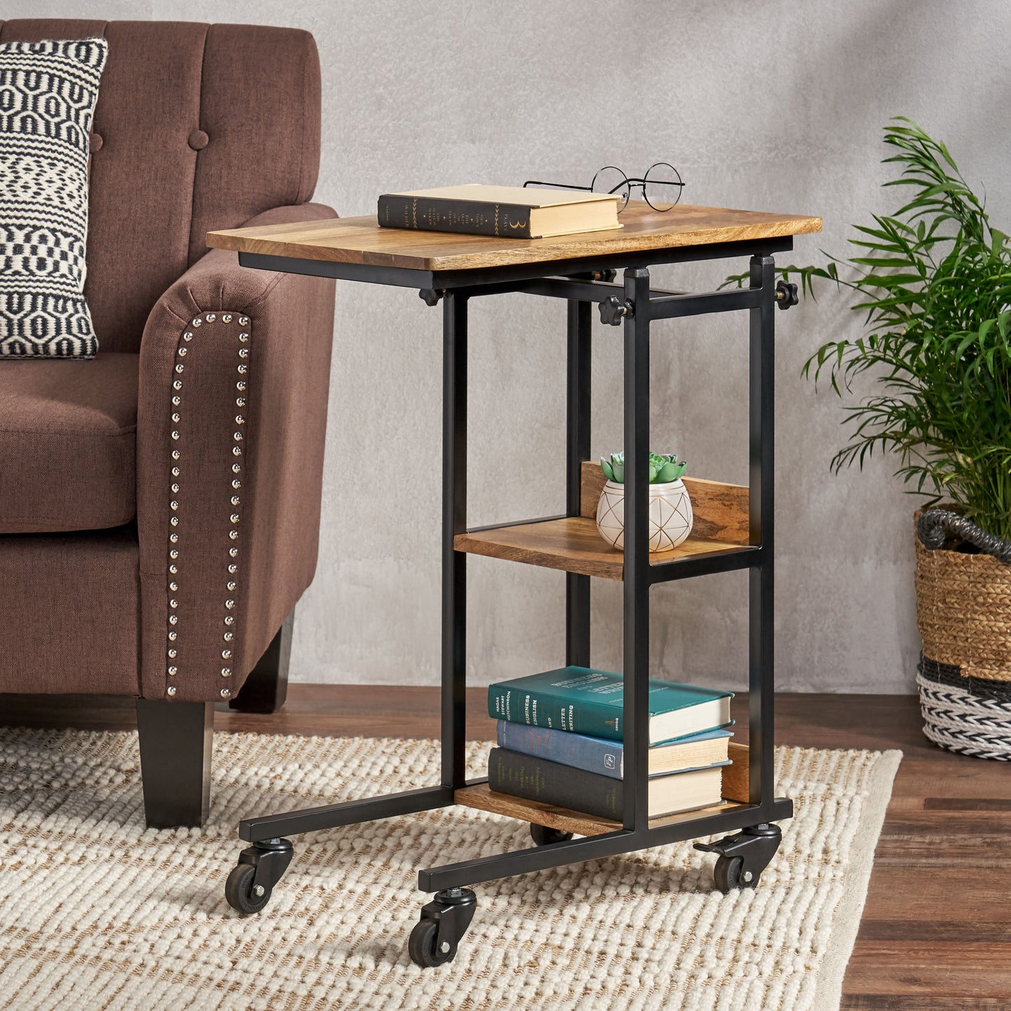 Industrial C table with wood top metal frame and wheels for easy movement